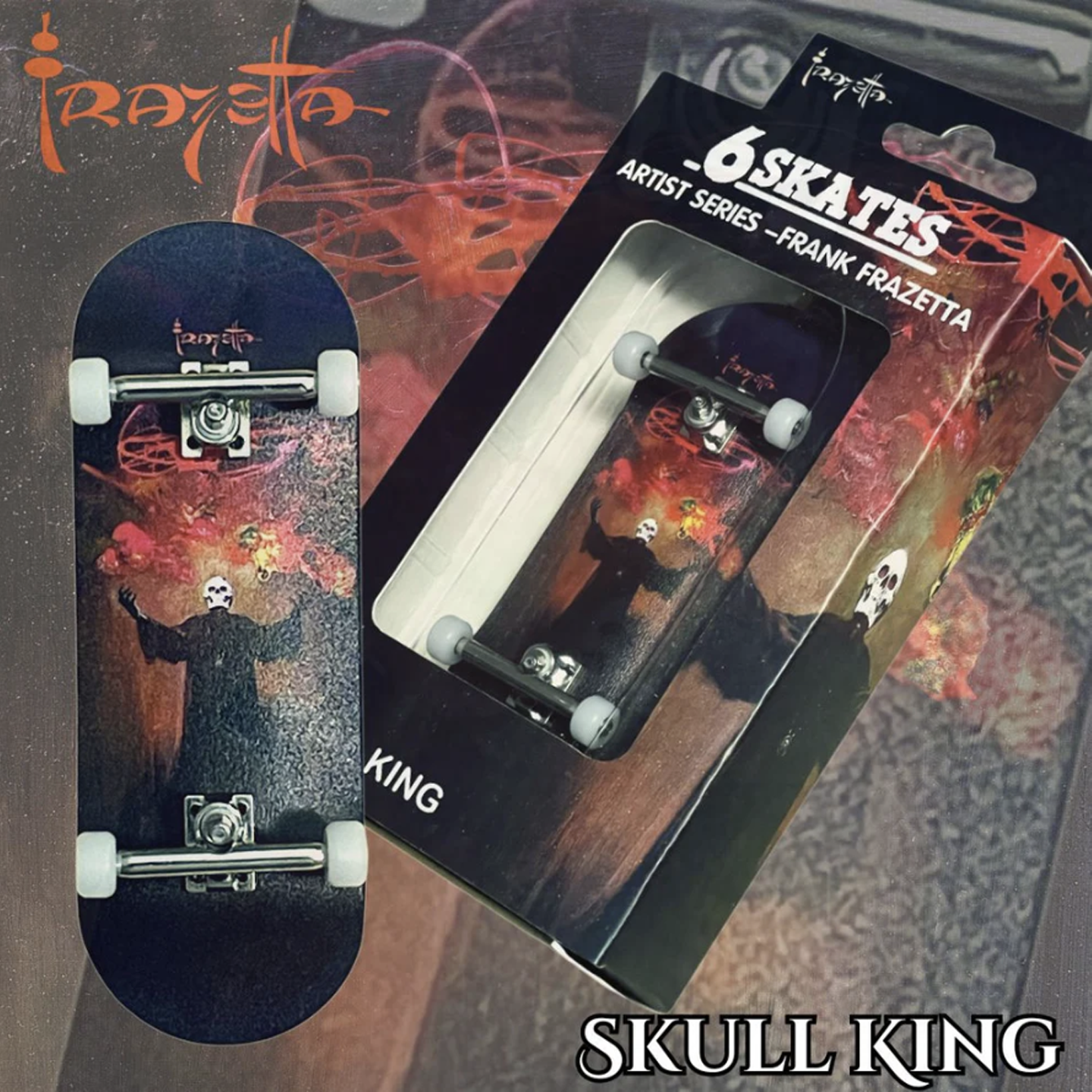 Photo of the 6Skates Frazetta Skull King fingerboard. Frazetta&