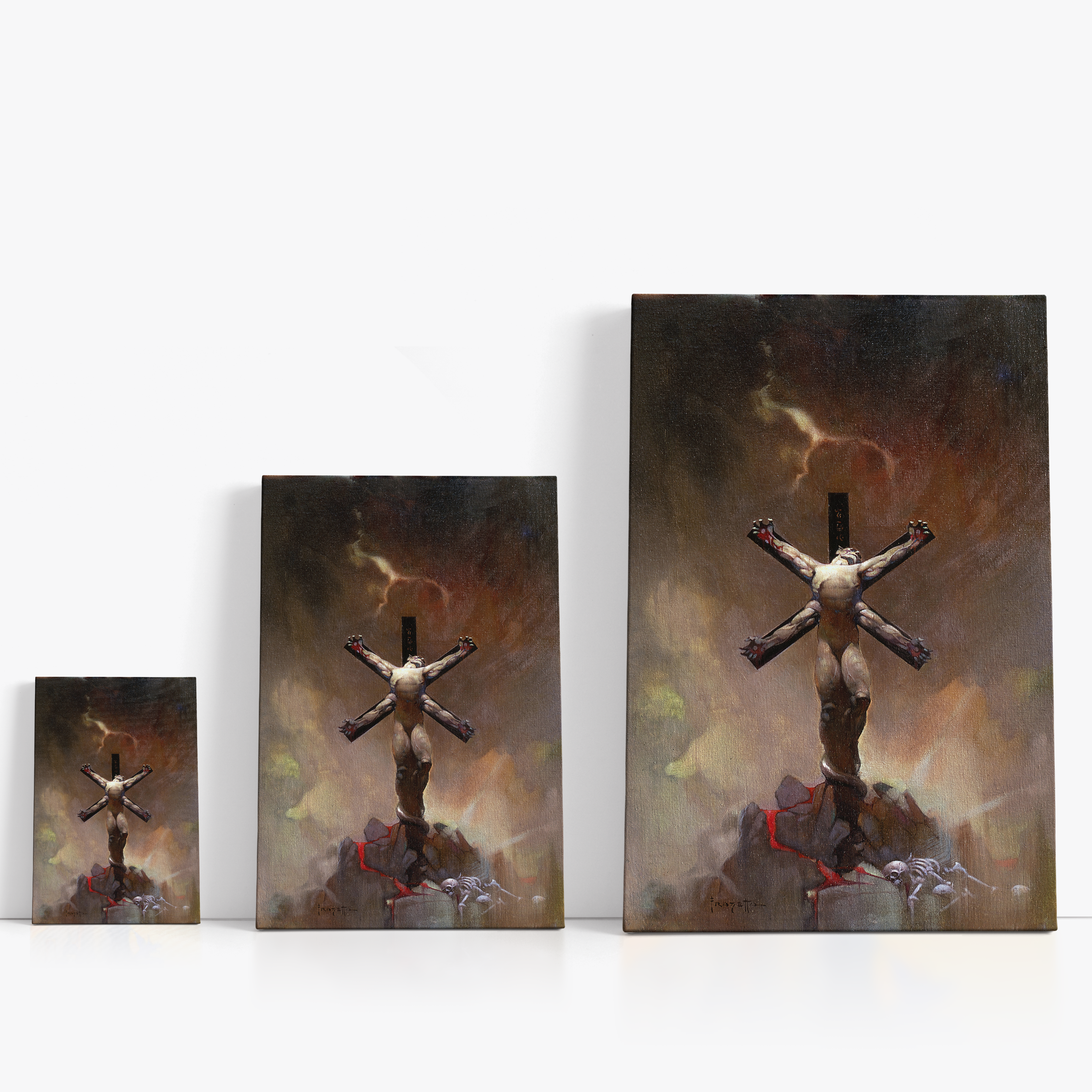 Three wrap-around canvas prints of Frazetta’s Alien Crucifixion in different sizes, showcasing the haunting artwork with mirror-wrapped edges for a seamless, dimensional look.