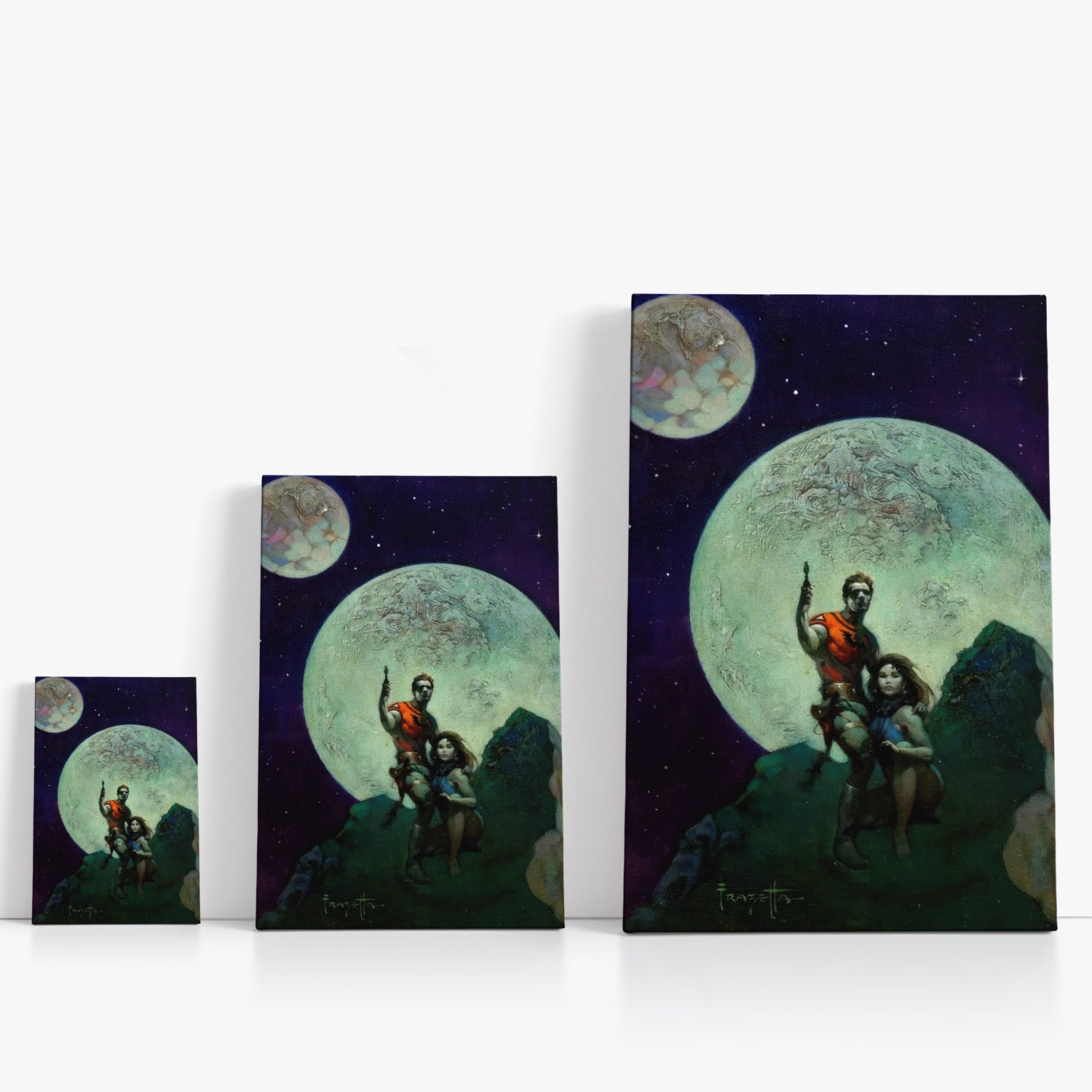 Three wrap-around canvas prints of Frazetta’s Alien Worlds in different sizes, showcasing the artwork with mirror-wrapped edges for a seamless, dimensional look.