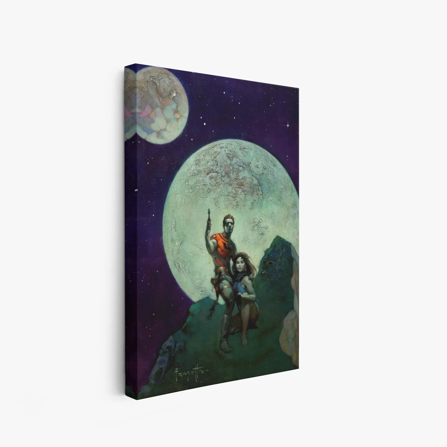 A canvas print of Frazetta’s Alien Worlds hung on a white wall, showcasing the artwork with mirror-wrapped edges for a seamless, dimensional look.