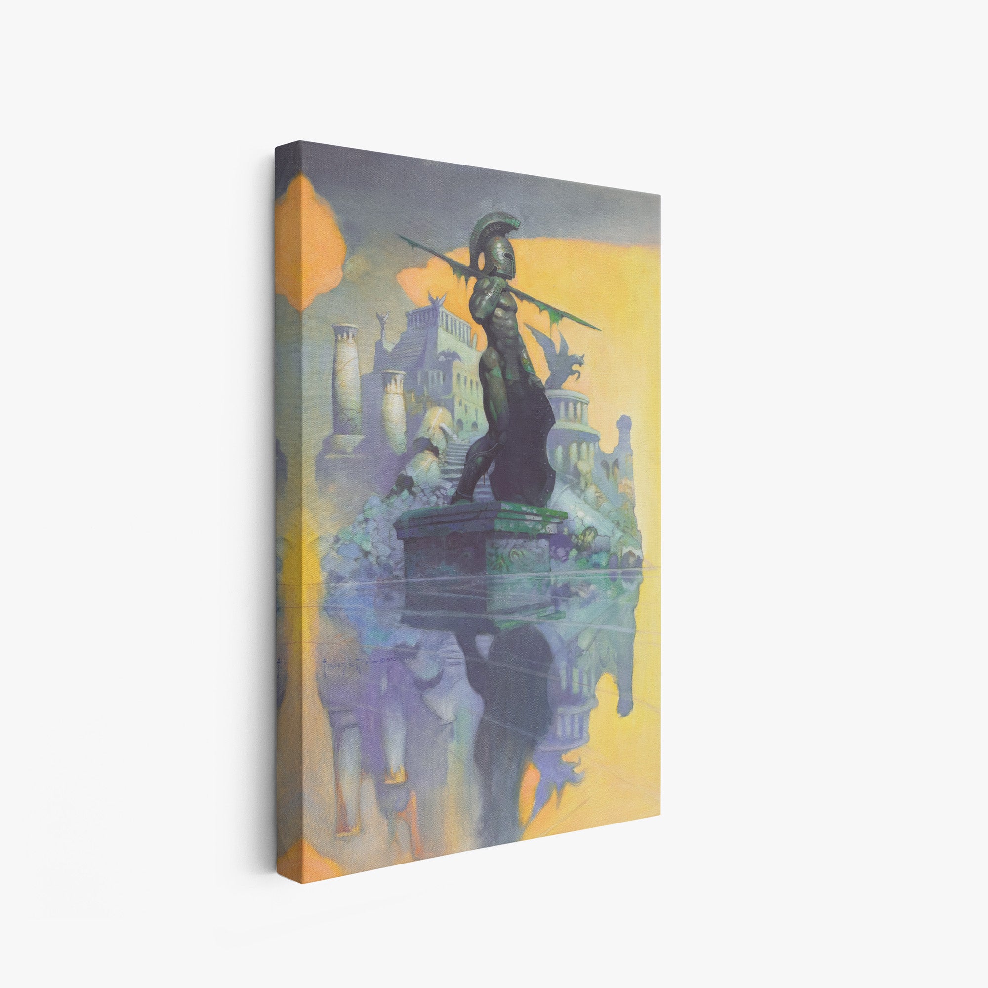 A canvas print of Frazetta’s Atlantis hung on a white wall, showcasing the artwork with mirror-wrapped edges for a seamless, dimensional look.
