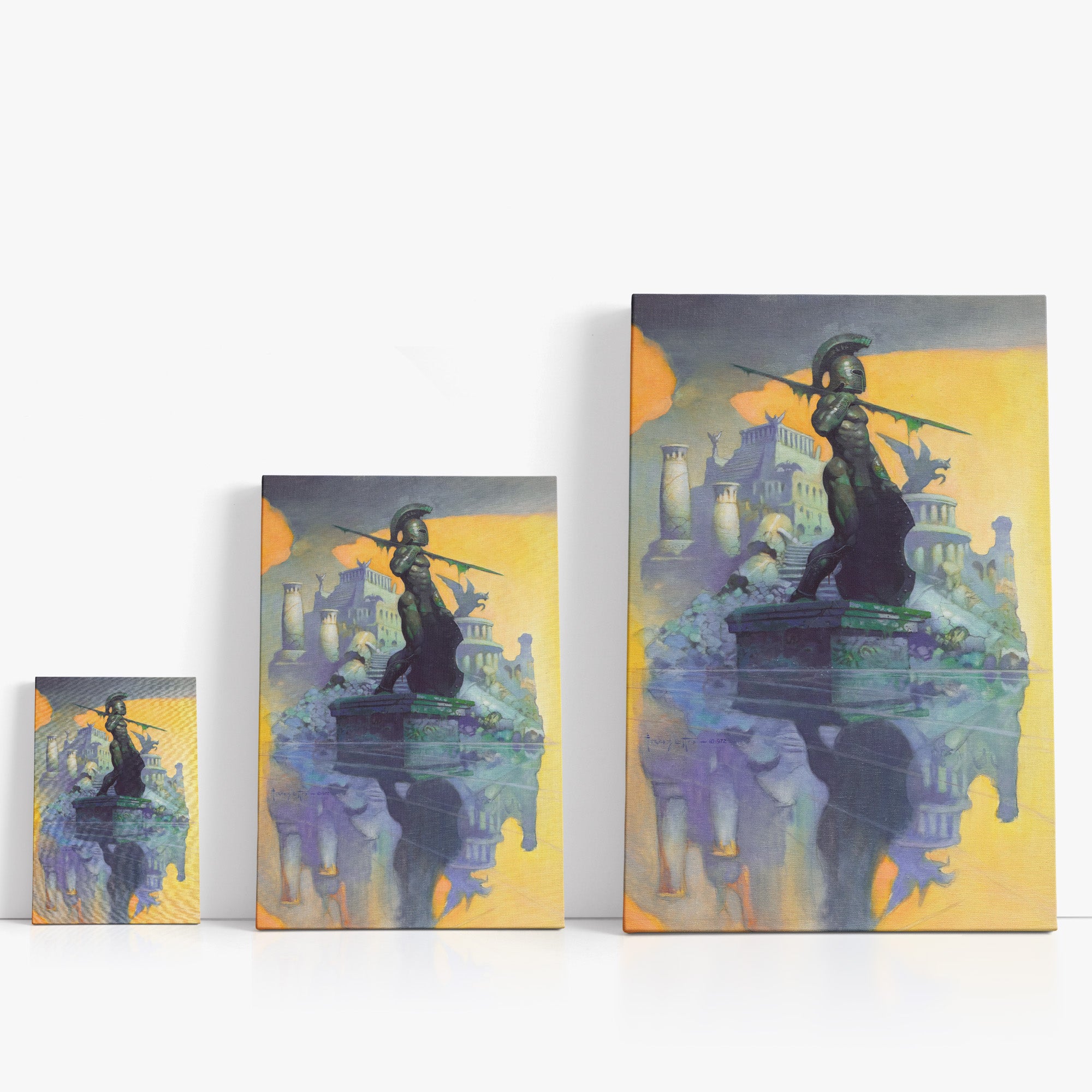 Three wrap-around canvas prints of Frazetta’s Atlantis in different sizes, showcasing the artwork with mirror-wrapped edges for a seamless, dimensional look.
