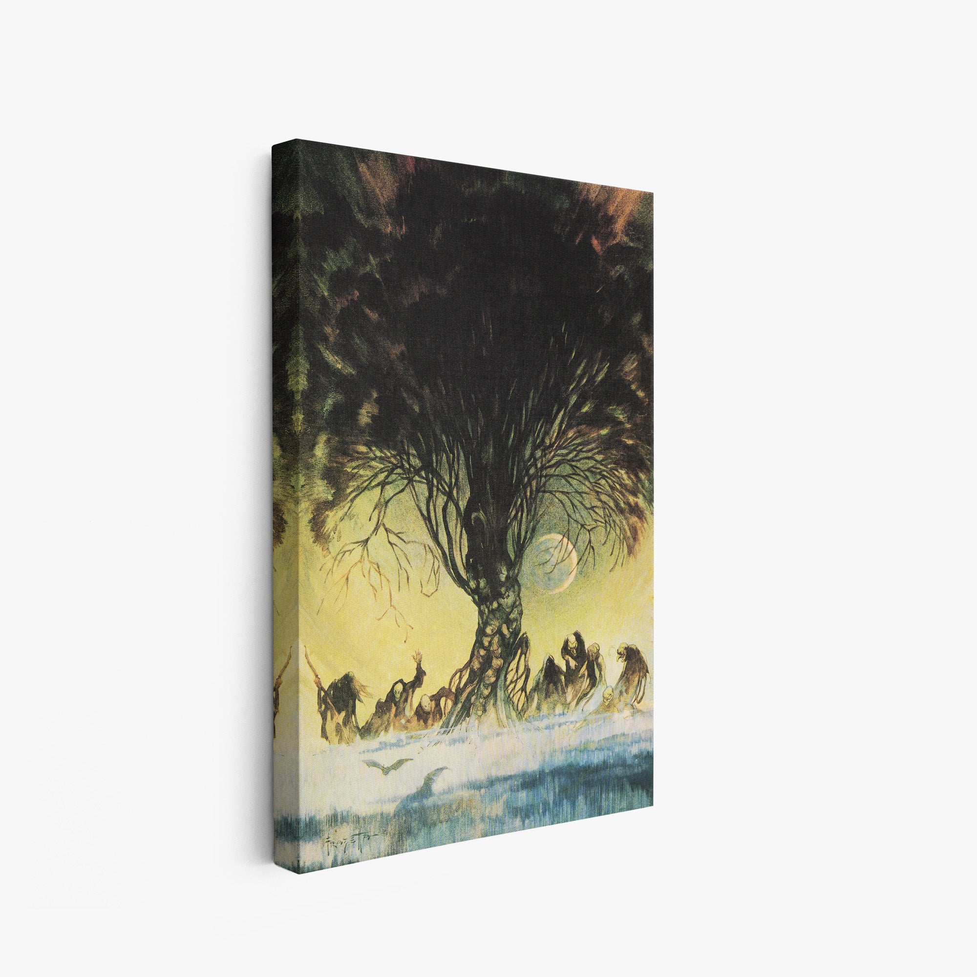 A canvas print of Frazetta’s Autumn People hung on a white wall, showcasing the artwork with mirror-wrapped edges for a seamless, dimensional look.