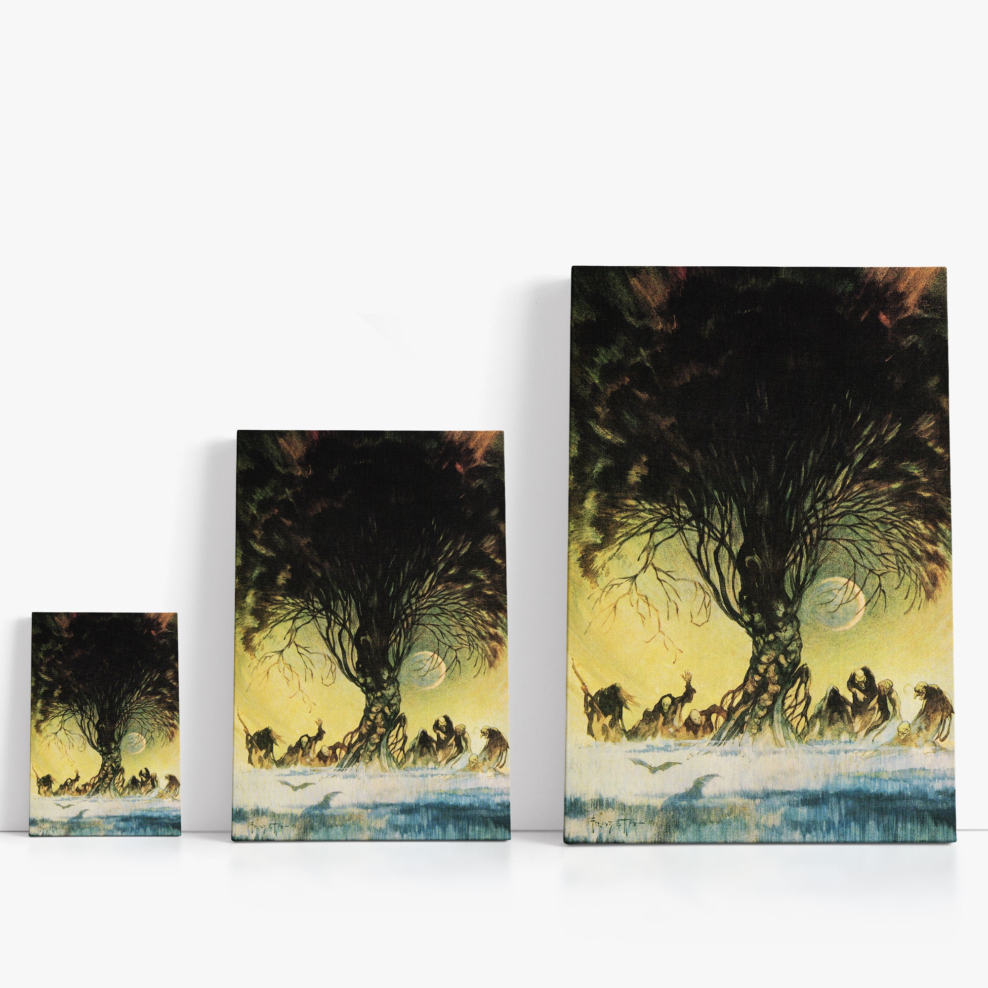 Three wrap-around canvas prints of Frazetta’s Autumn People in different sizes, showcasing the artwork with mirror-wrapped edges for a seamless, dimensional look.