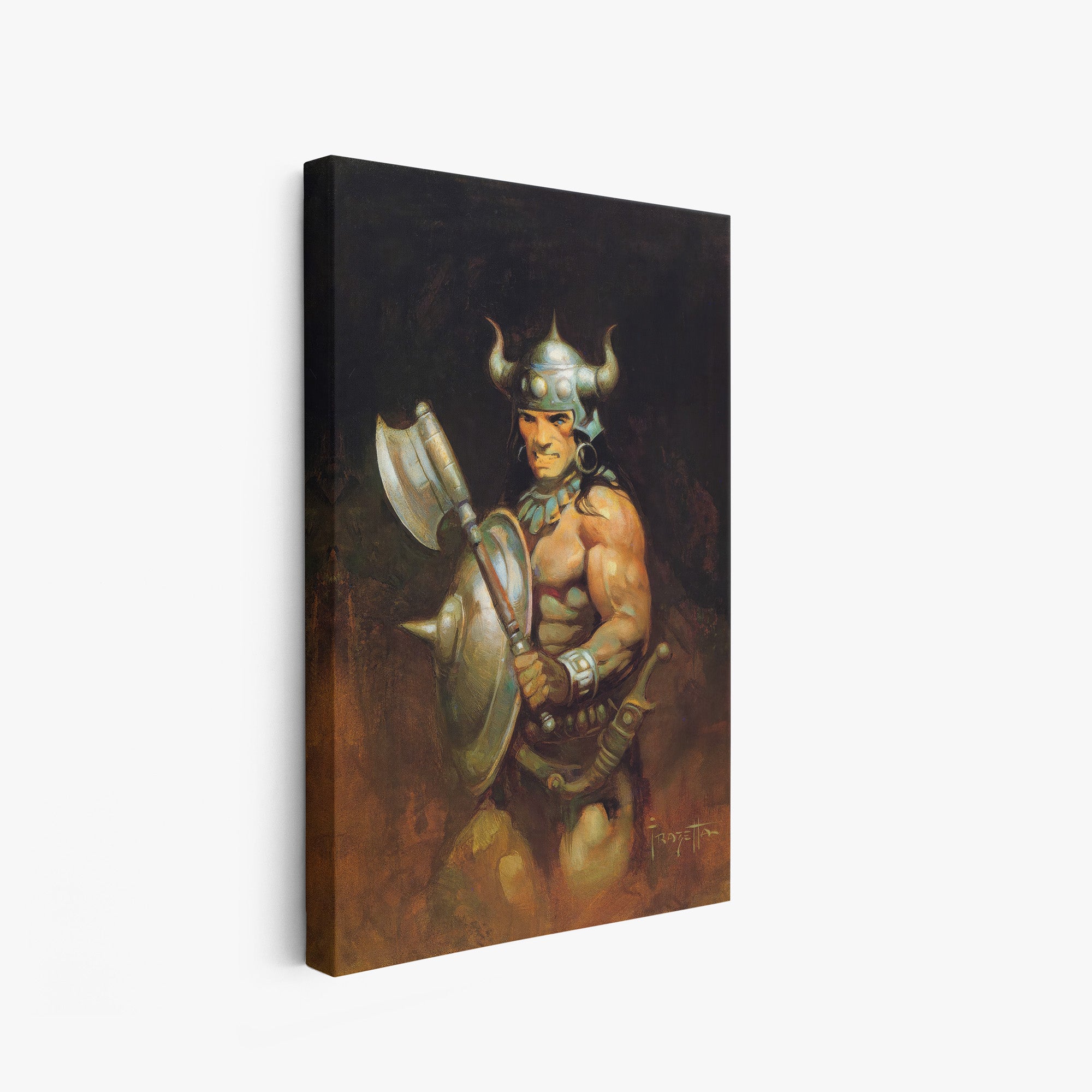 A canvas print of Frazetta’s Barbarian Portrait hung on a white wall, showcasing the artwork with mirror-wrapped edges for a seamless, dimensional look.