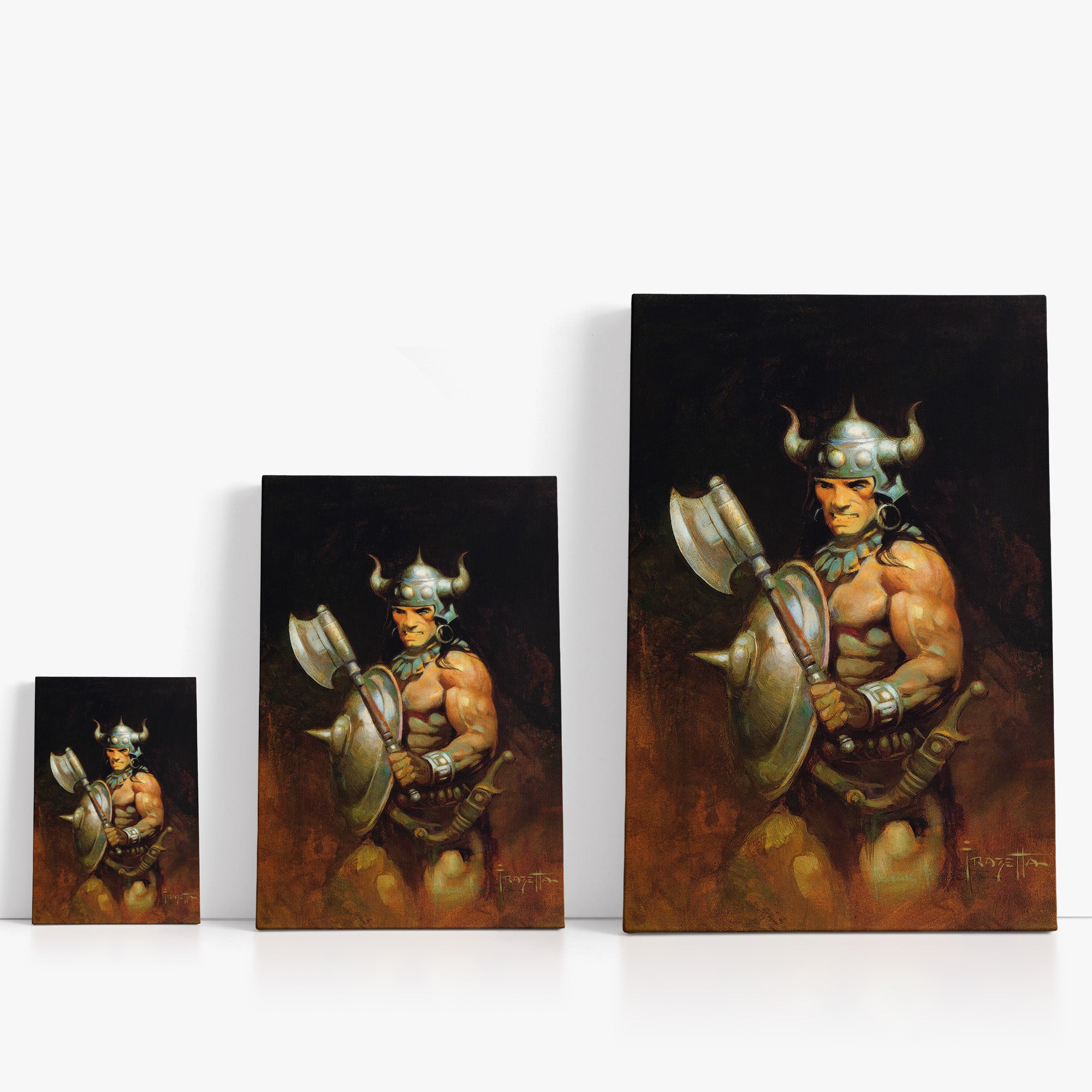 Three wrap-around canvas prints of Frazetta’s Barbarian Portrait in different sizes, showcasing the artwork with mirror-wrapped edges for a seamless, dimensional look.