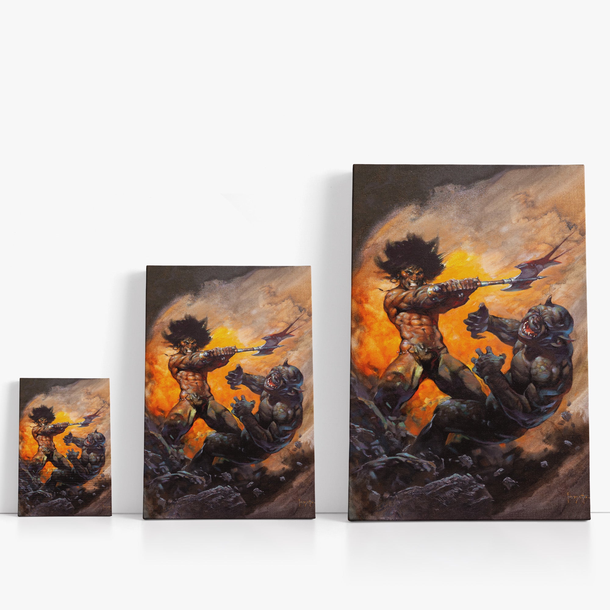 Three wrap-around canvas prints of Frazetta’s Barbarian with Axe in different sizes, showcasing the artwork with mirror-wrapped edges for a seamless, dimensional look.