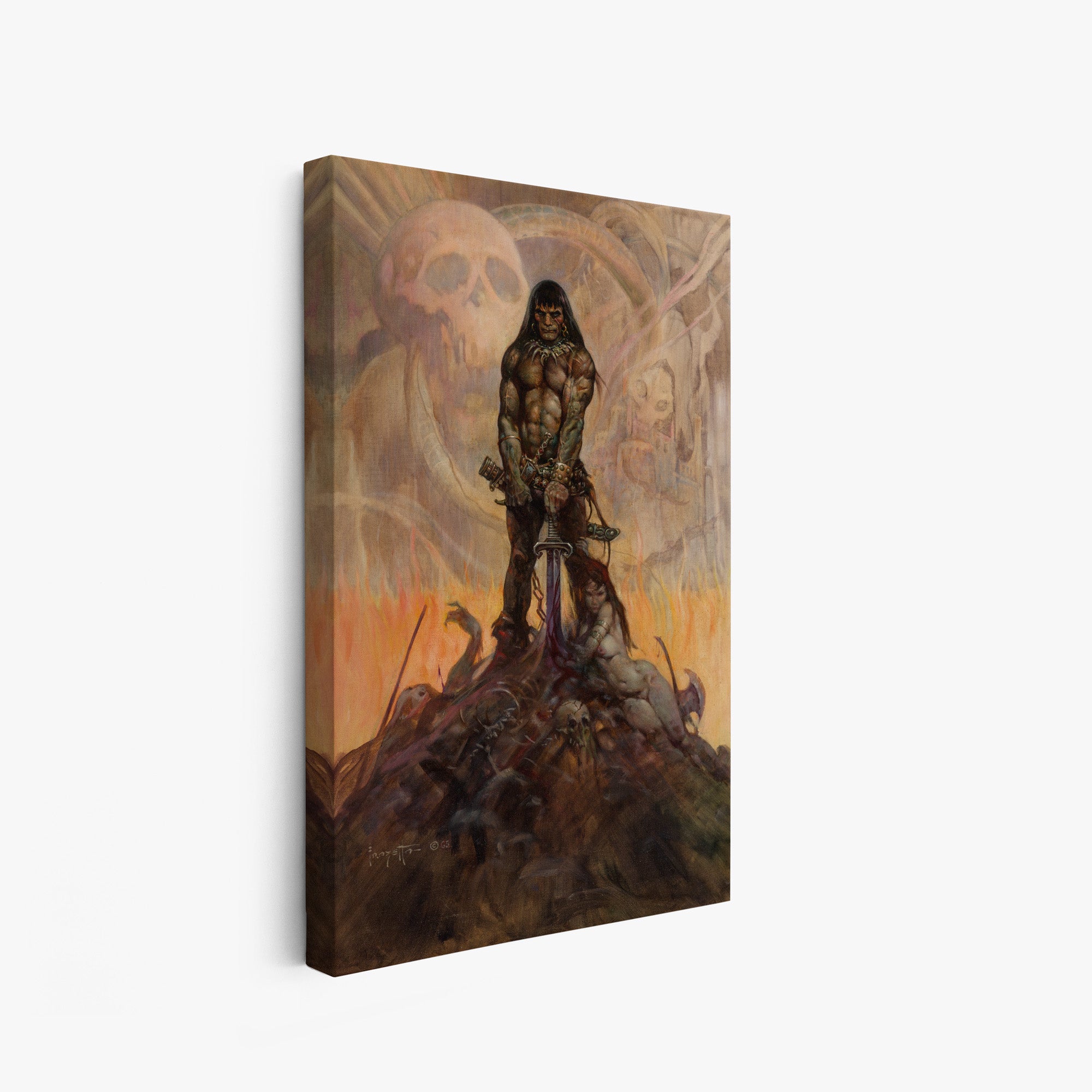 A canvas print of Frazetta’s Barbarian hung on a white wall, showcasing the artwork with mirror-wrapped edges for a seamless, dimensional look.