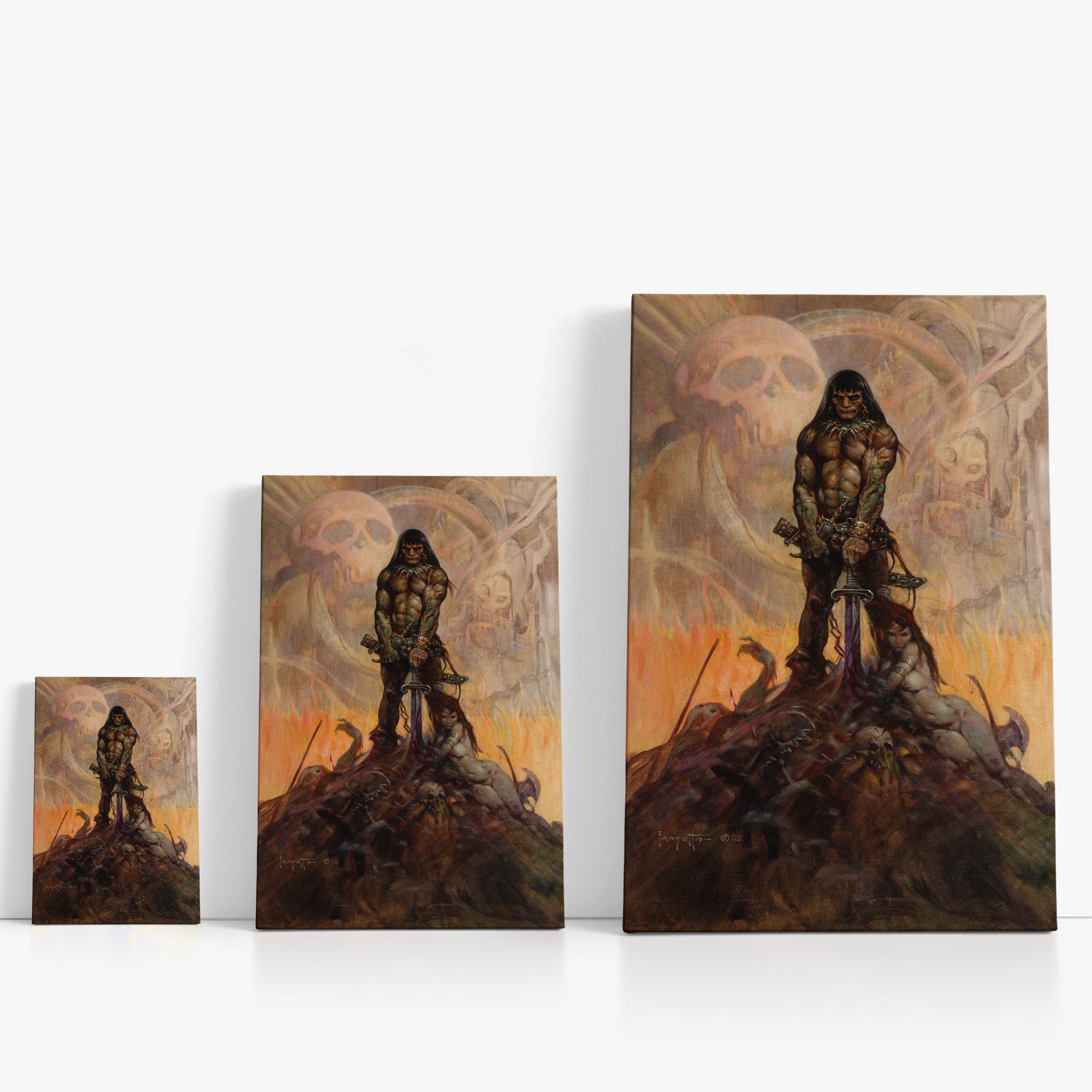 Three wrap-around canvas prints of Frazetta’s Barbarian in different sizes, showcasing the artwork with mirror-wrapped edges for a seamless, dimensional look.
