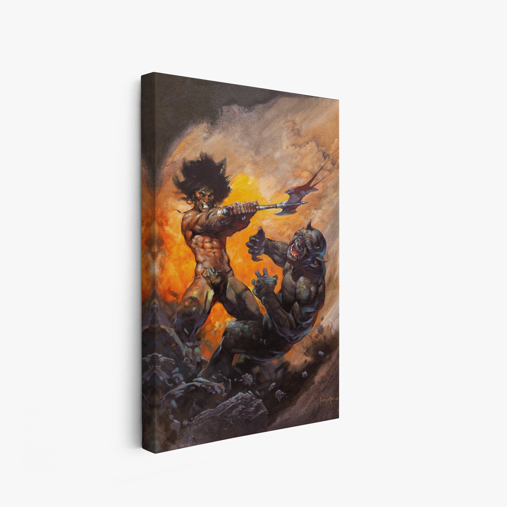 A canvas print of Frazetta’s Barbarian with Axe hung on a white wall, showcasing the artwork with mirror-wrapped edges for a seamless, dimensional look.