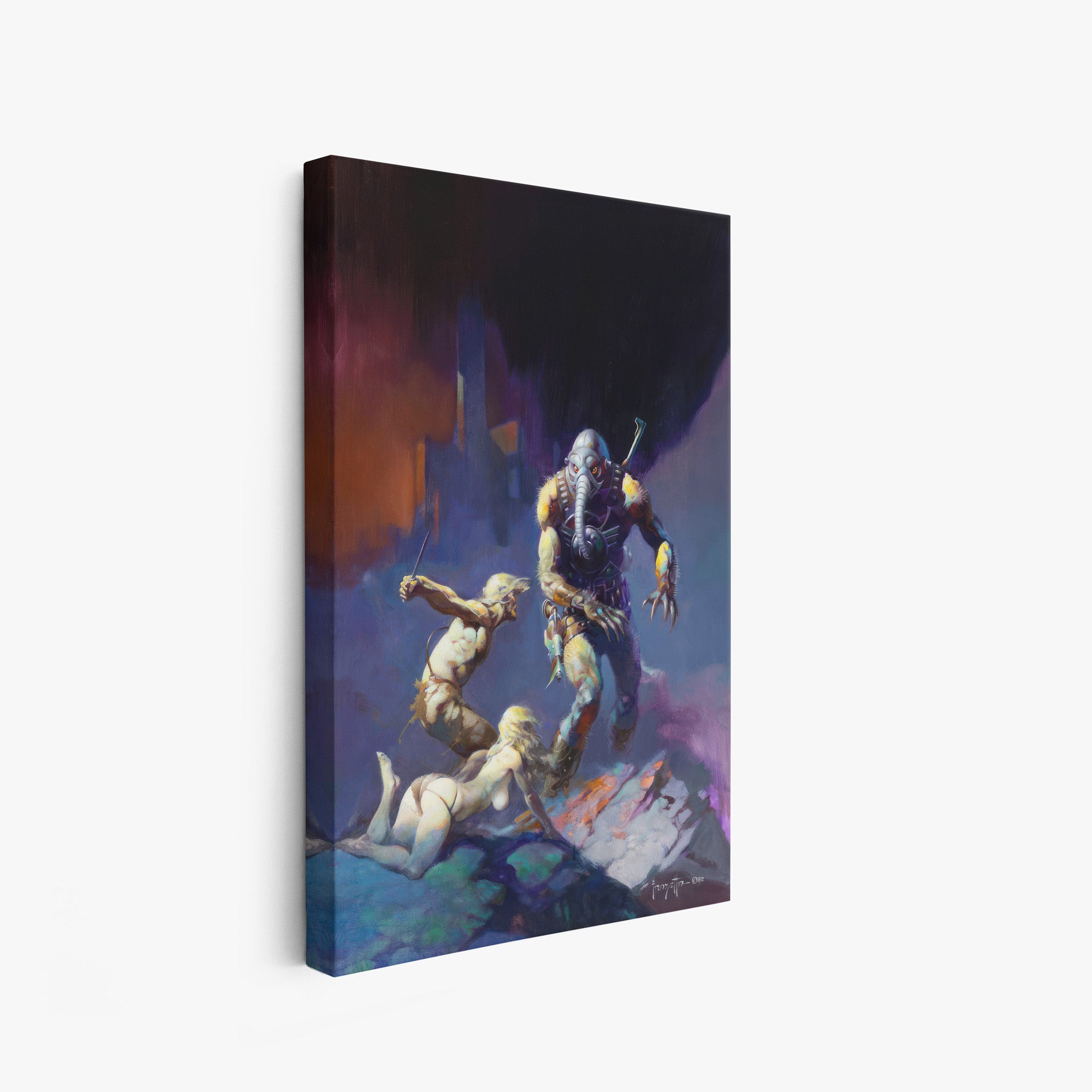 A canvas print of Frazetta’s Battlefield Earth hung on a white wall, showcasing the artwork with mirror-wrapped edges for a seamless, dimensional look.