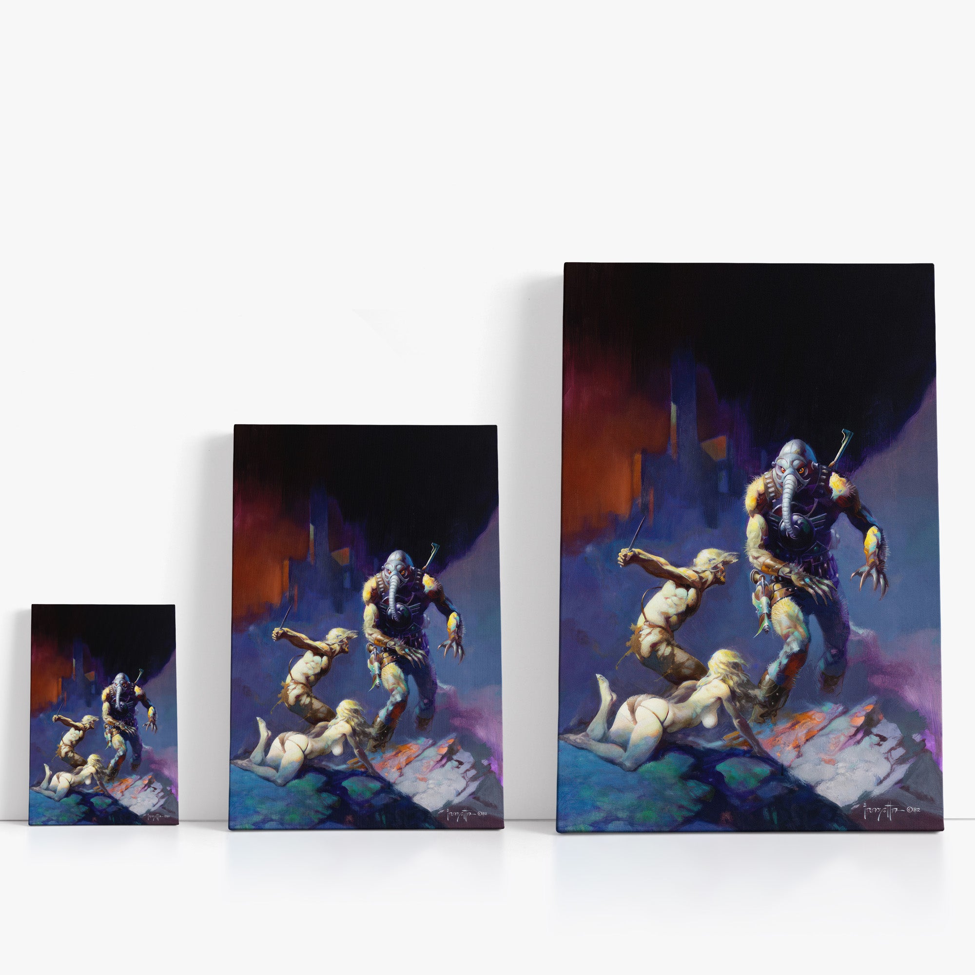 Three wrap-around canvas prints of Frazetta’s Battlefield Earth in different sizes, showcasing the artwork with mirror-wrapped edges for a seamless, dimensional look.