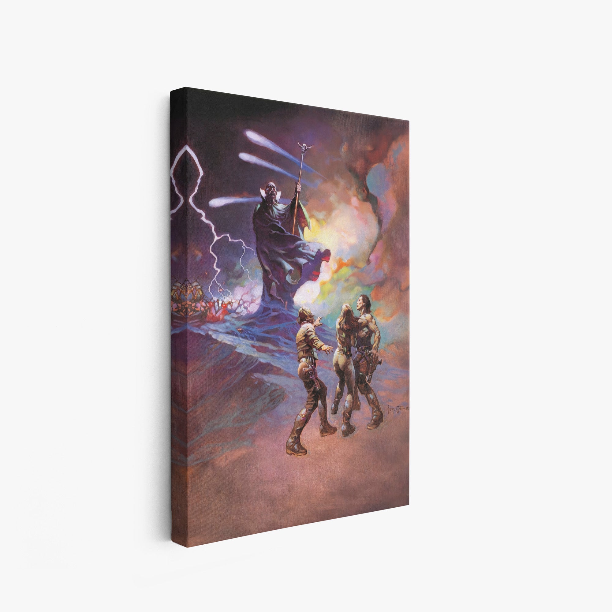 A canvas print of Frazetta’s Battlestar IV hung on a white wall, showcasing the artwork with mirror-wrapped edges for a seamless, dimensional look.