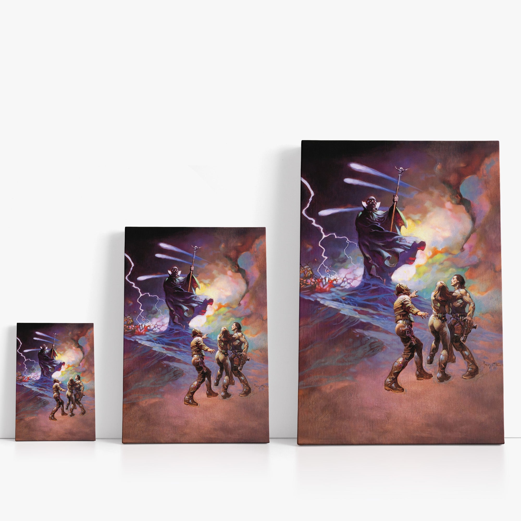 Three wrap-around canvas prints of Frazetta’s Battlestart IV in different sizes, showcasing the artwork with mirror-wrapped edges for a seamless, dimensional look.