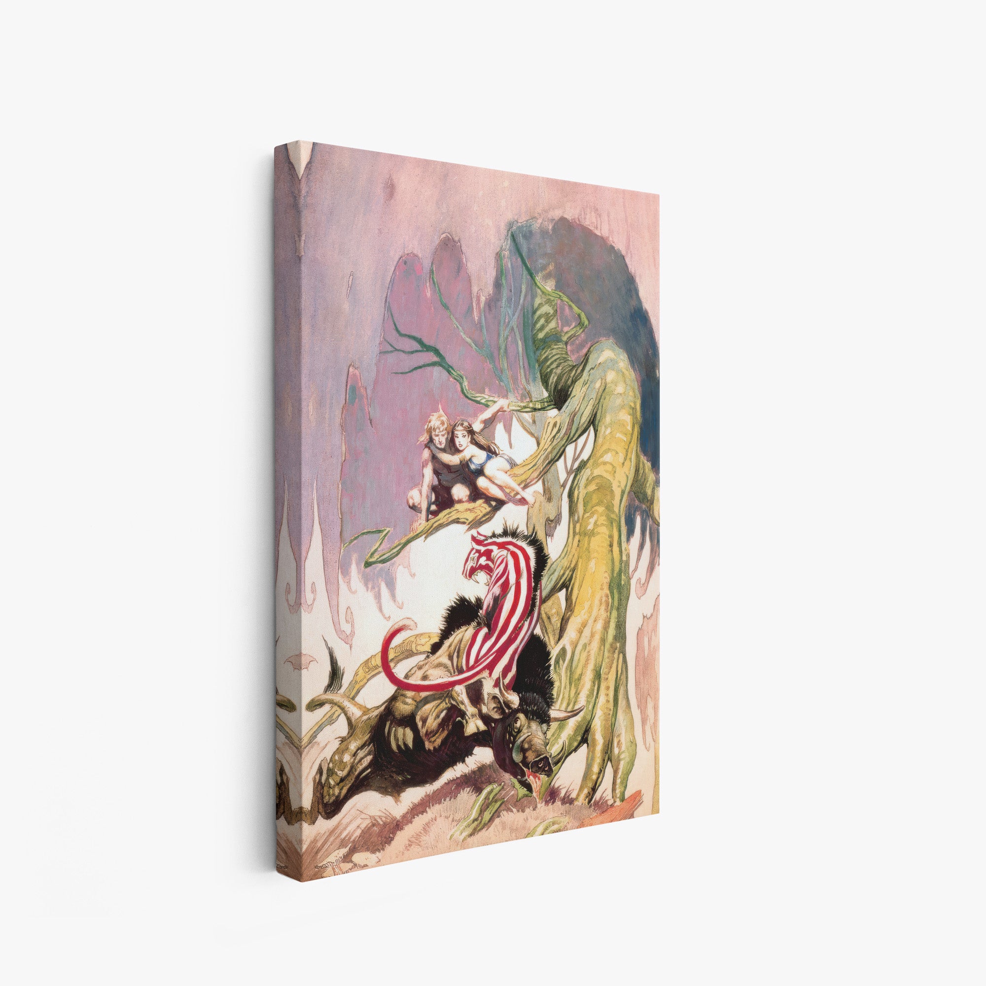 A canvas print of Frazetta’s Beasts of Venus hung on a white wall, showcasing the artwork with mirror-wrapped edges for a seamless, dimensional look.