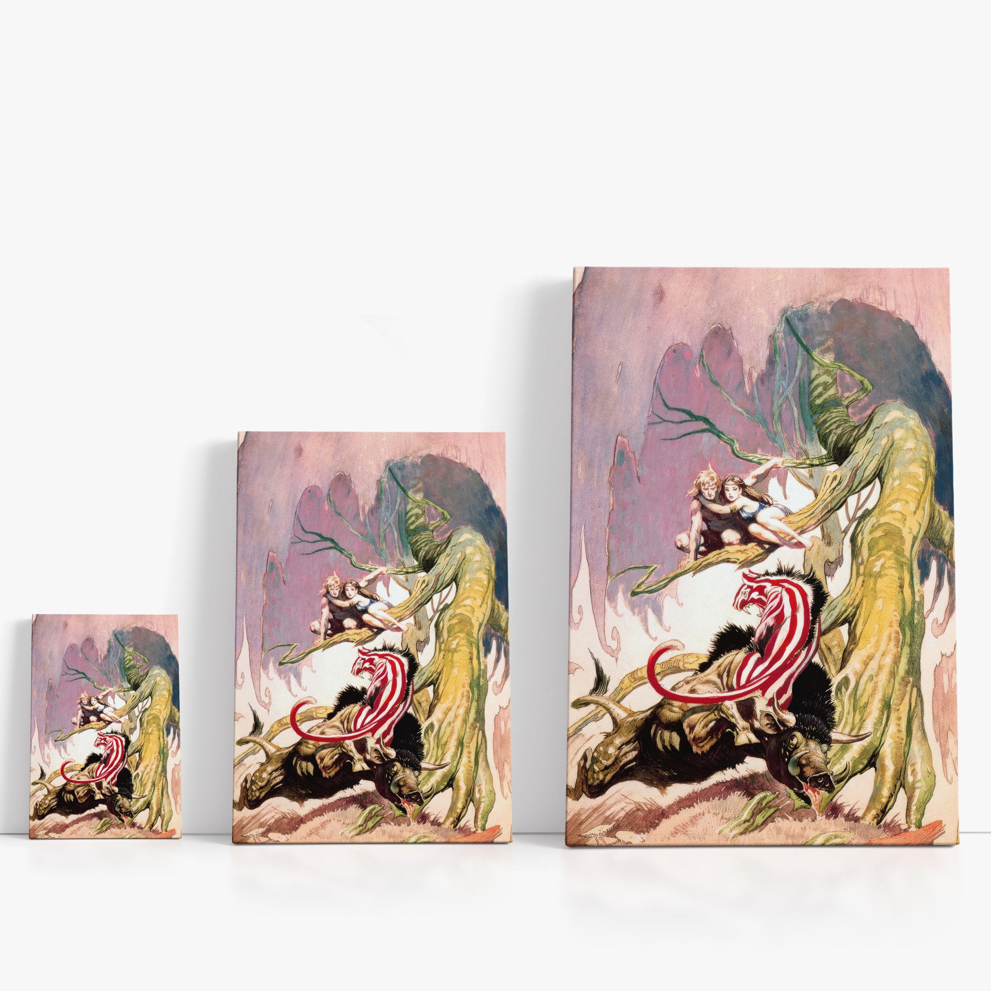 Three wrap-around canvas prints of Frazetta’s Beasts of Venus in different sizes, showcasing the artwork with mirror-wrapped edges for a seamless, dimensional look.