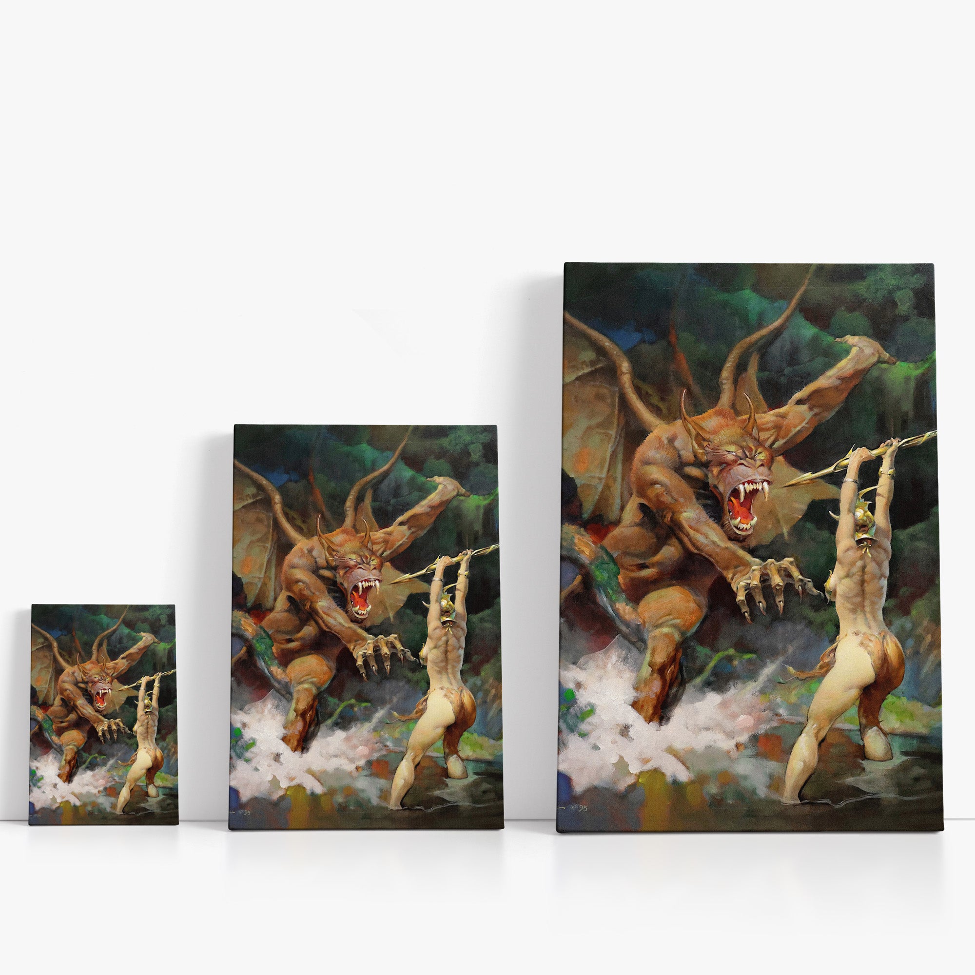 Three wrap-around canvas prints of Frazetta’s Beauty and the Beast in different sizes, showcasing the artwork with mirror-wrapped edges for a seamless, dimensional look.