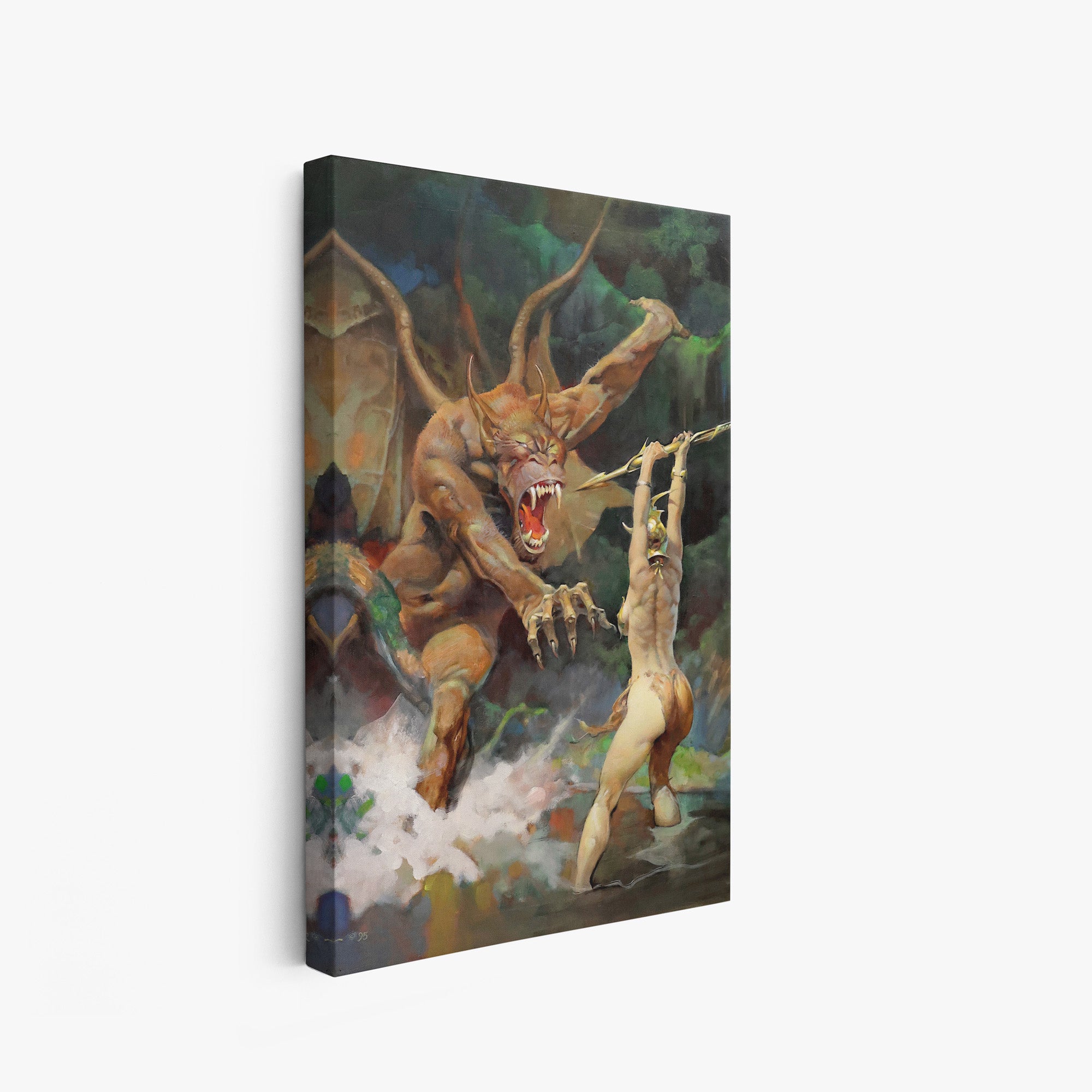 A canvas print of Frazetta’s Beauty and the Beast hung on a white wall, showcasing the artwork with mirror-wrapped edges for a seamless, dimensional look.