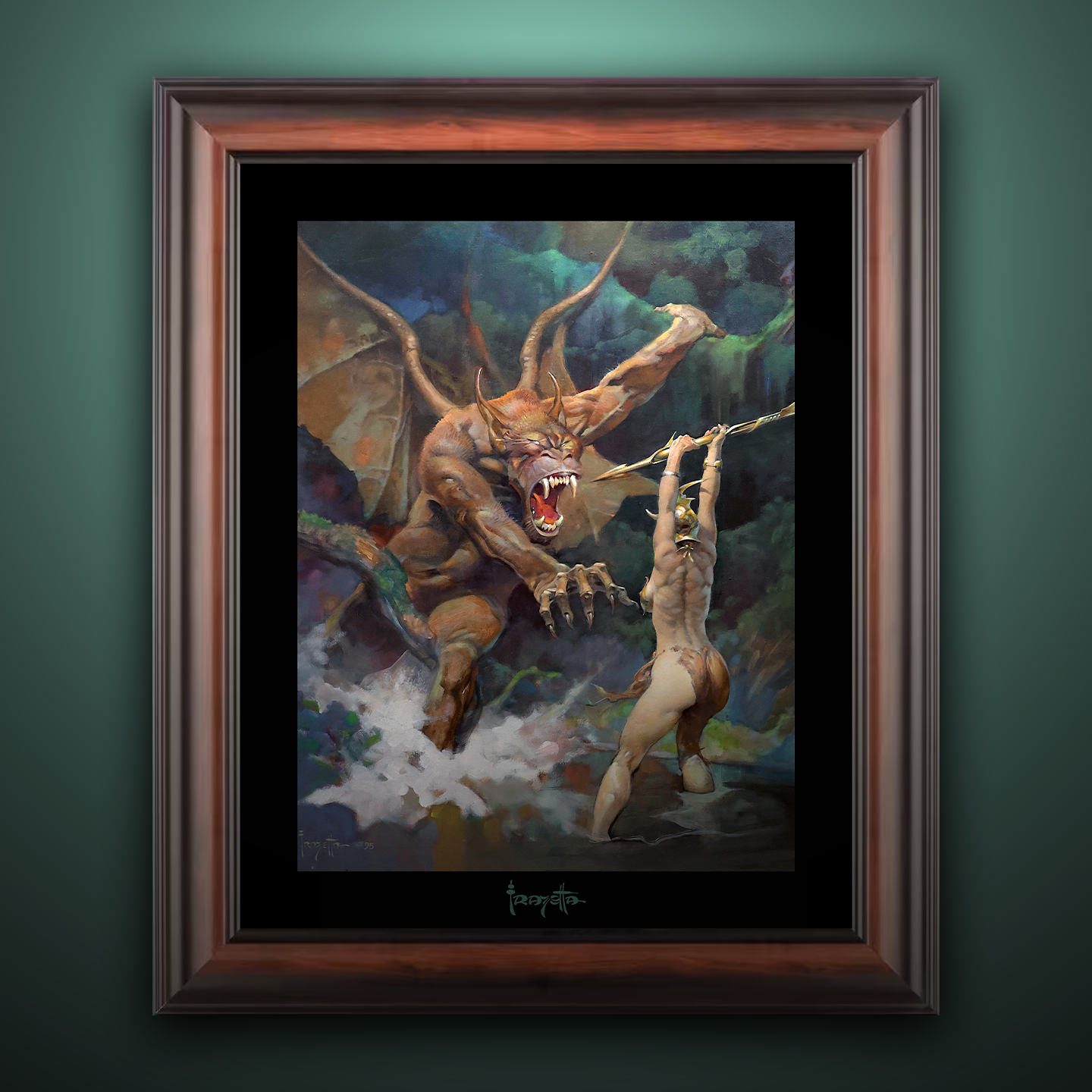 Framed Gallery Series print of "Beauty and the Beast" by Frank Frazetta, highlighting vivid colors and dynamic artwork with a deep black 1.5" matting