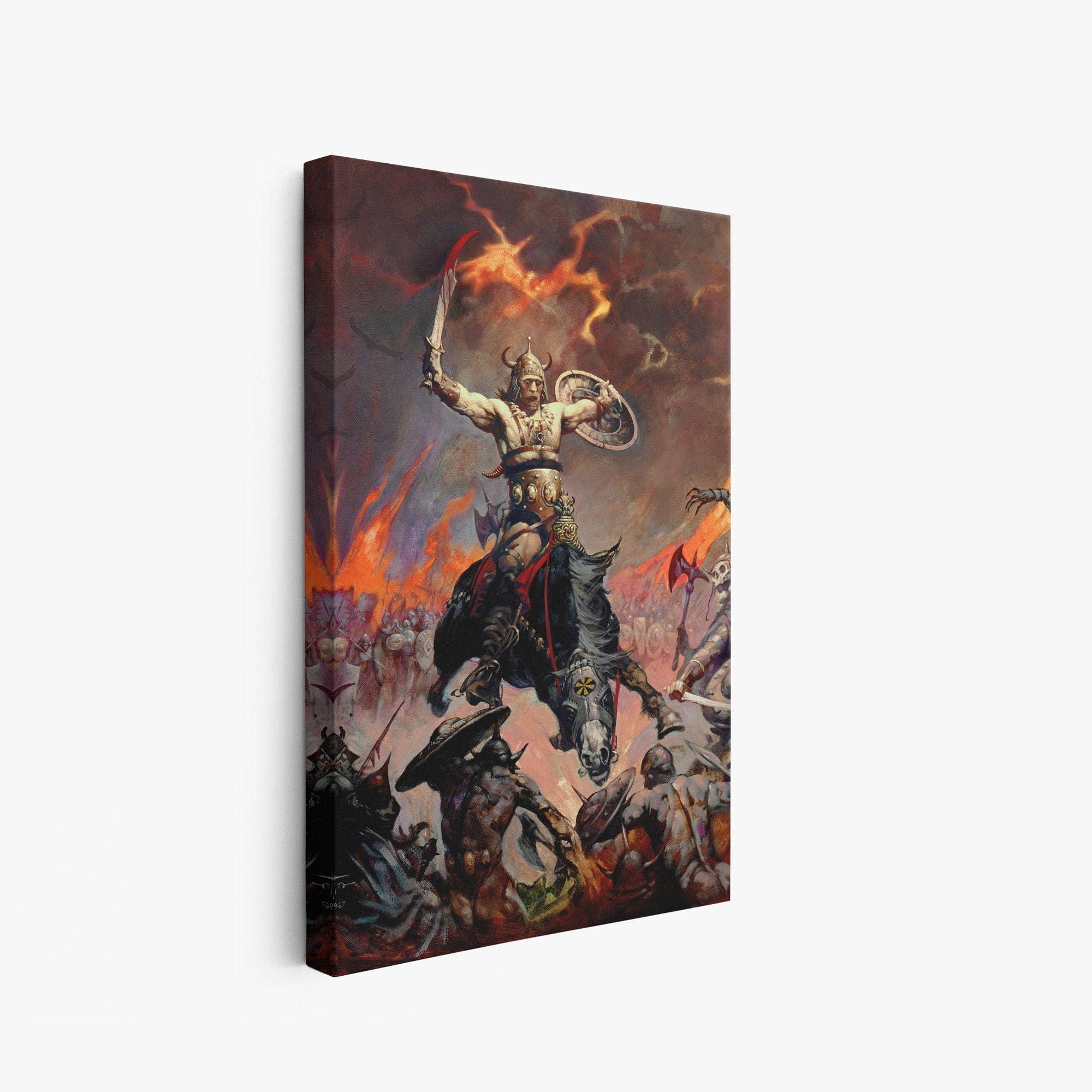 A canvas print of Frazetta’s Berserker hung on a white wall, showcasing the artwork with mirror-wrapped edges for a seamless, dimensional look.
