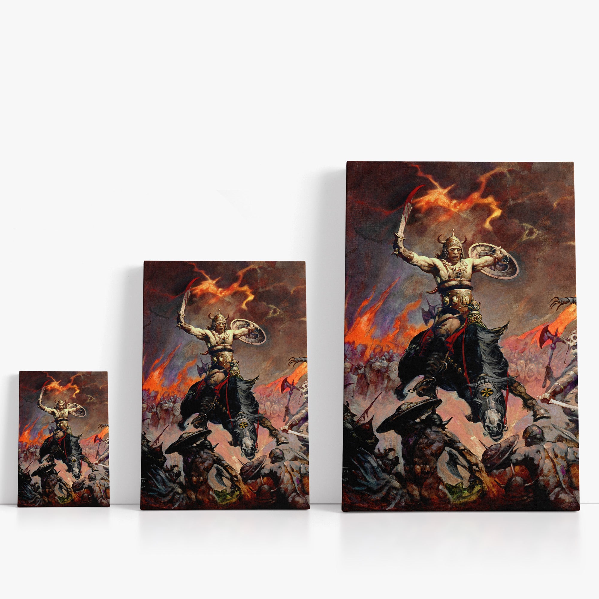 Three wrap-around canvas prints of Frazetta’s Berserker in different sizes, showcasing the artwork with mirror-wrapped edges for a seamless, dimensional look.