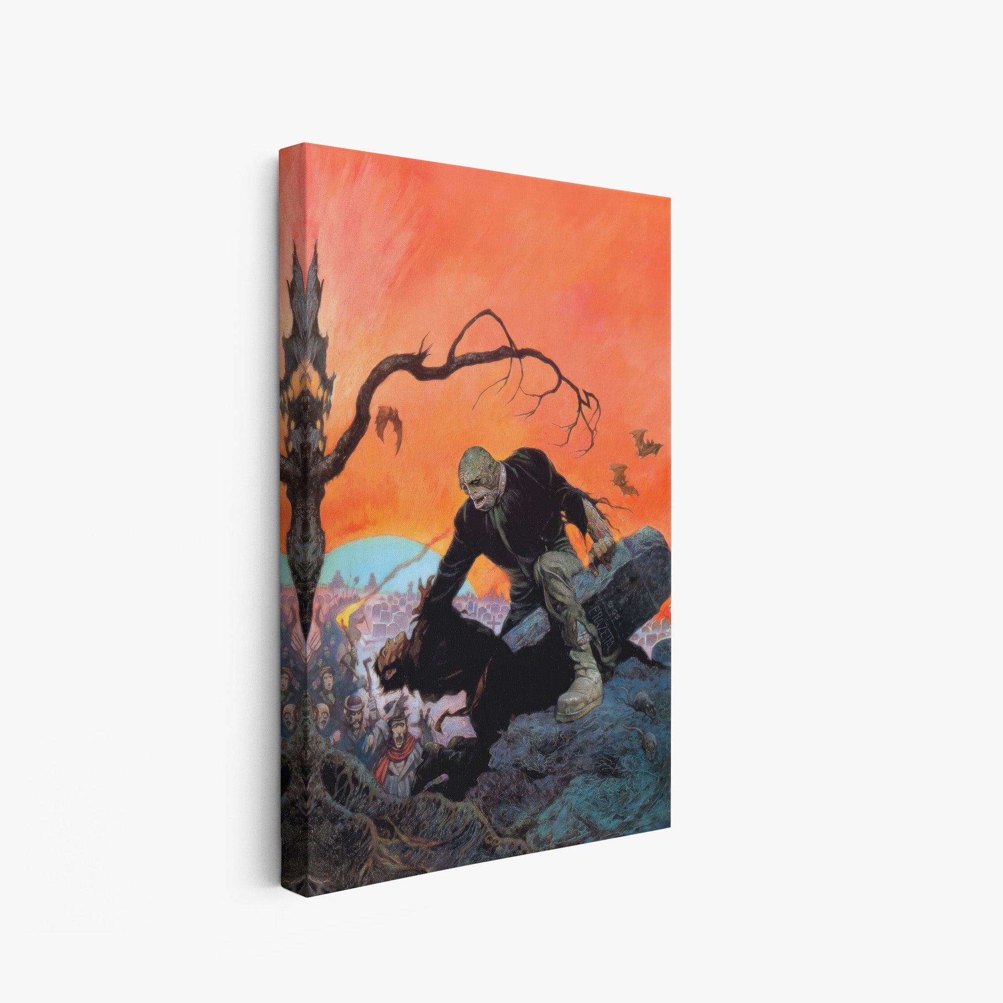 A canvas print of Frazetta’s Beyond the Grave hung on a white wall, showcasing the artwork with mirror-wrapped edges for a seamless, dimensional look.