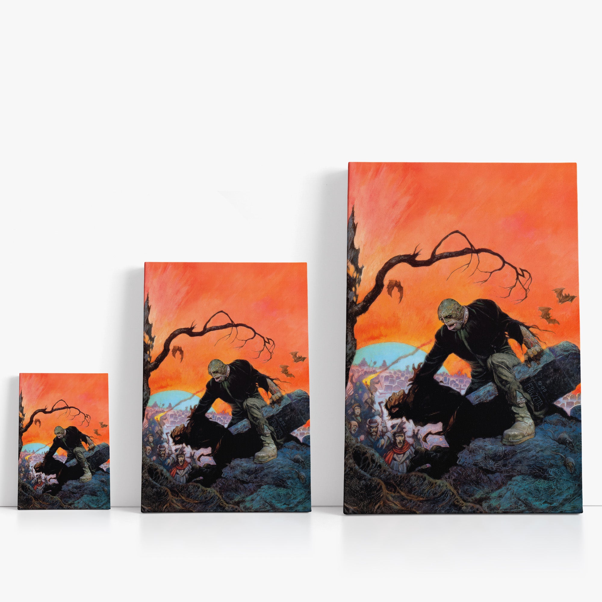 Three wrap-around canvas prints of Frazetta’s Beyond the Grave in different sizes, showcasing the artwork with mirror-wrapped edges for a seamless, dimensional look.