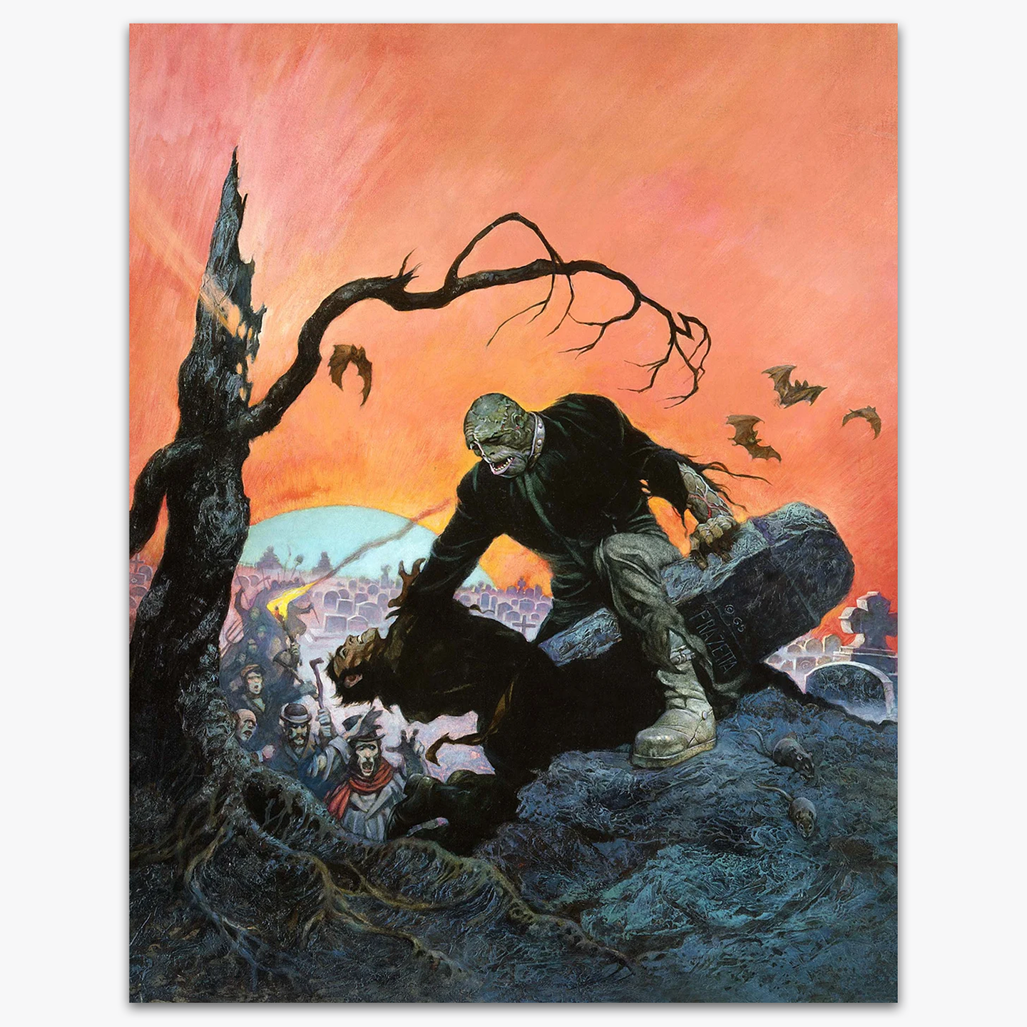 Vintage print of a monster strangling a man in a graveyard, with townspeople heading toward the battle.