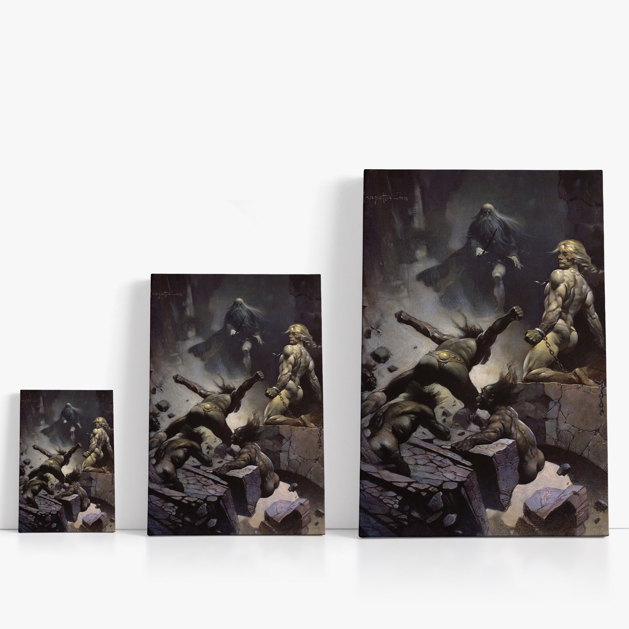 Three wrap-around canvas prints of Frazetta’s Black Star in different sizes, showcasing the artwork with mirror-wrapped edges for a seamless, dimensional look.