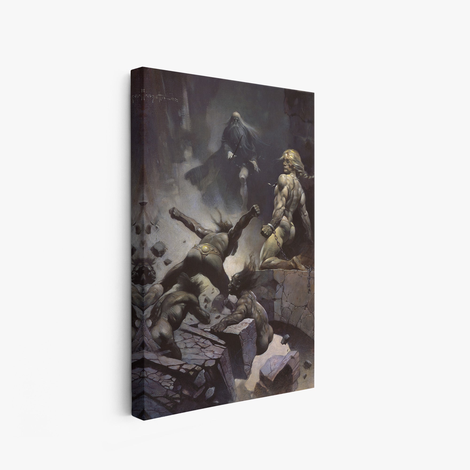 A canvas print of Frazetta’s Black Star hung on a white wall, showcasing the artwork with mirror-wrapped edges for a seamless, dimensional look.