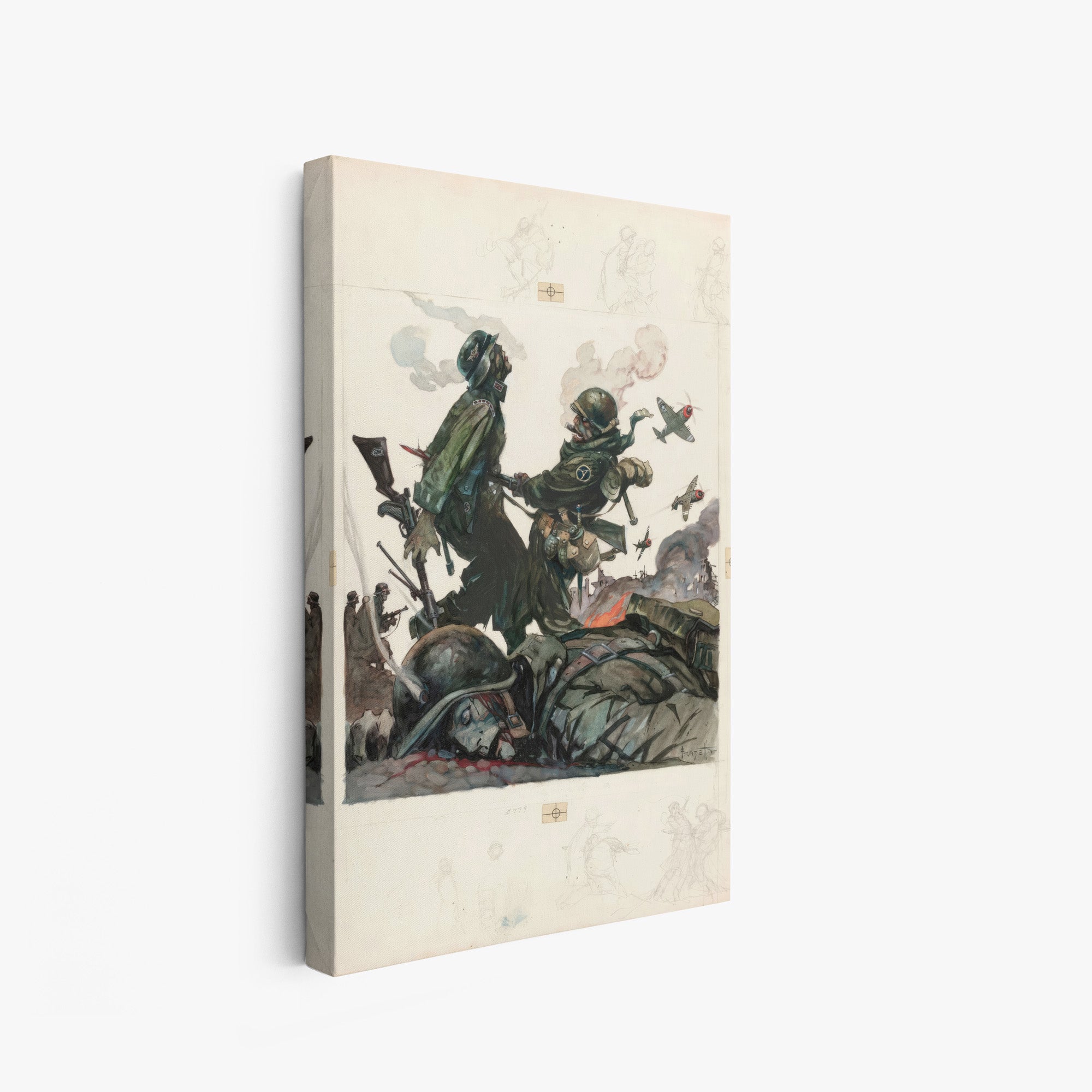A canvas print of Frazetta’s Blazing Combat II hung on a white wall, showcasing the artwork with mirror-wrapped edges for a seamless, dimensional look.