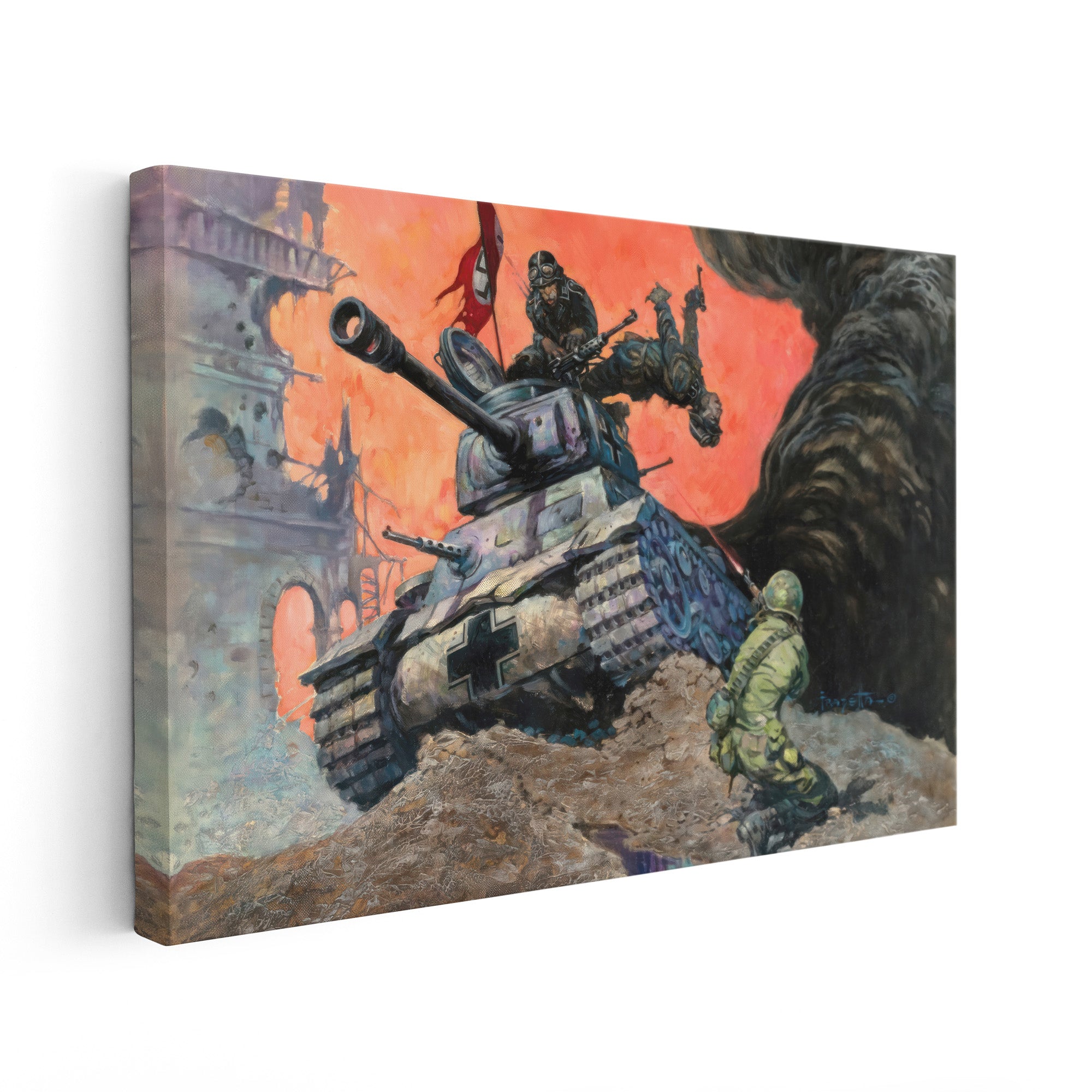 A canvas print of Frazetta’s Blazing Combat IV hung on a white wall, showcasing the artwork with mirror-wrapped edges for a seamless, dimensional look.