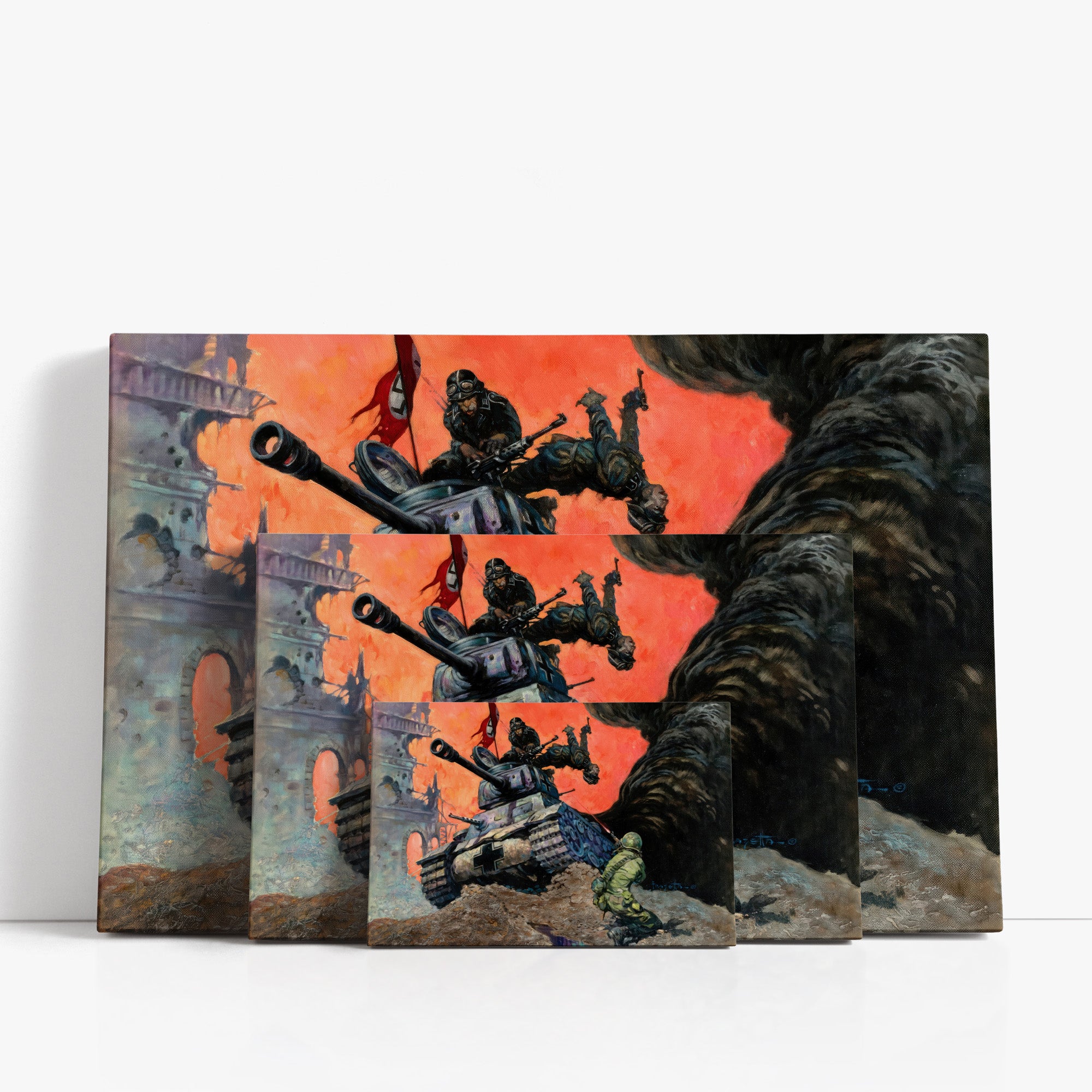 Three wrap-around canvas prints of Frazetta’s Black Star in different sizes, showcasing the artwork with mirror-wrapped edges for a seamless, dimensional look.