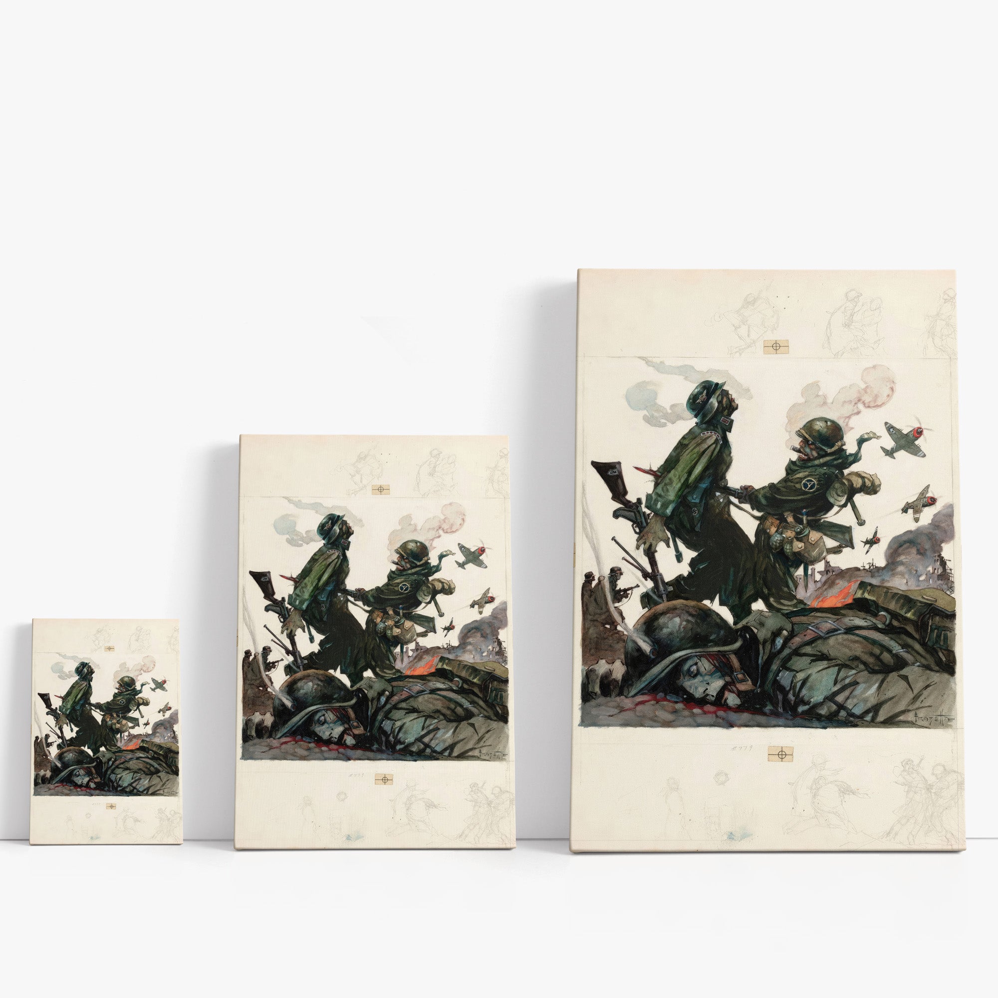 Three wrap-around canvas prints of Frazetta’s Blazing Combat II in different sizes, showcasing the artwork with mirror-wrapped edges for a seamless, dimensional look.