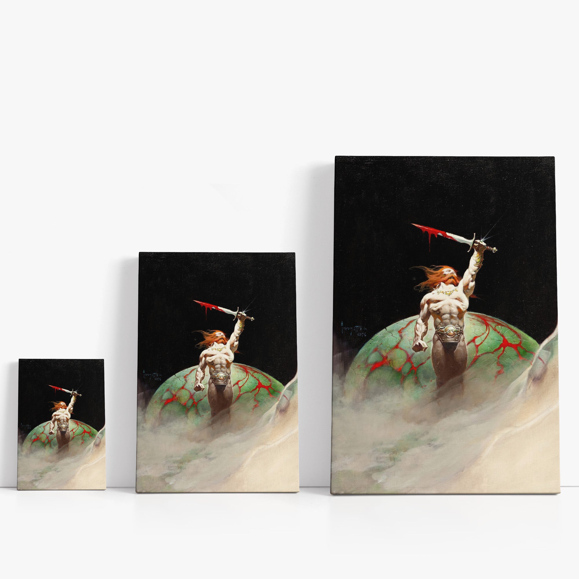 Three wrap-around canvas prints of Frazetta’s Bloodstone in different sizes, showcasing the artwork with mirror-wrapped edges for a seamless, dimensional look.