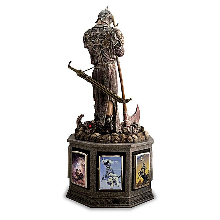 Rear view of the Death Dealer Zippo® lighter display, featuring a sculpted Death Dealer figure standing atop a battlefield strewn with skulls. His massive sword hangs from his belt, and his detailed armor is adorned with intricate designs. The hexagonal base showcases iconic Frank Frazetta artwork, with framed panels displaying different renditions of the Death Dealer. The base includes a functional light-up feature, with an "on/off" switch visible along the bottom edge.