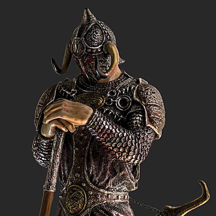 Close-up of the Death Dealer Zippo® lighter display, showcasing the menacing warrior in finely detailed armor. His horned helmet and glowing red eyes create an imposing presence, while his hands grip a massive battle axe. The sculpted textures of chainmail, leather, and ornate metalwork highlight the craftsmanship of the figure, with intricate detailing on his belt and shoulder armor. The dark, moody background enhances the dramatic effect of the piece.