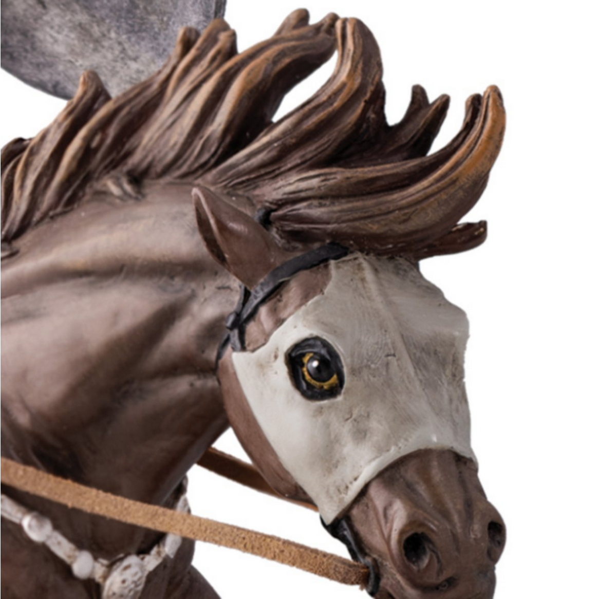 Close-up of the warhorse from The Defender Sculpture, showcasing its flowing mane, detailed bridle, and battle-worn face covering. The sculpture captures the power and intensity of Frank Frazetta&