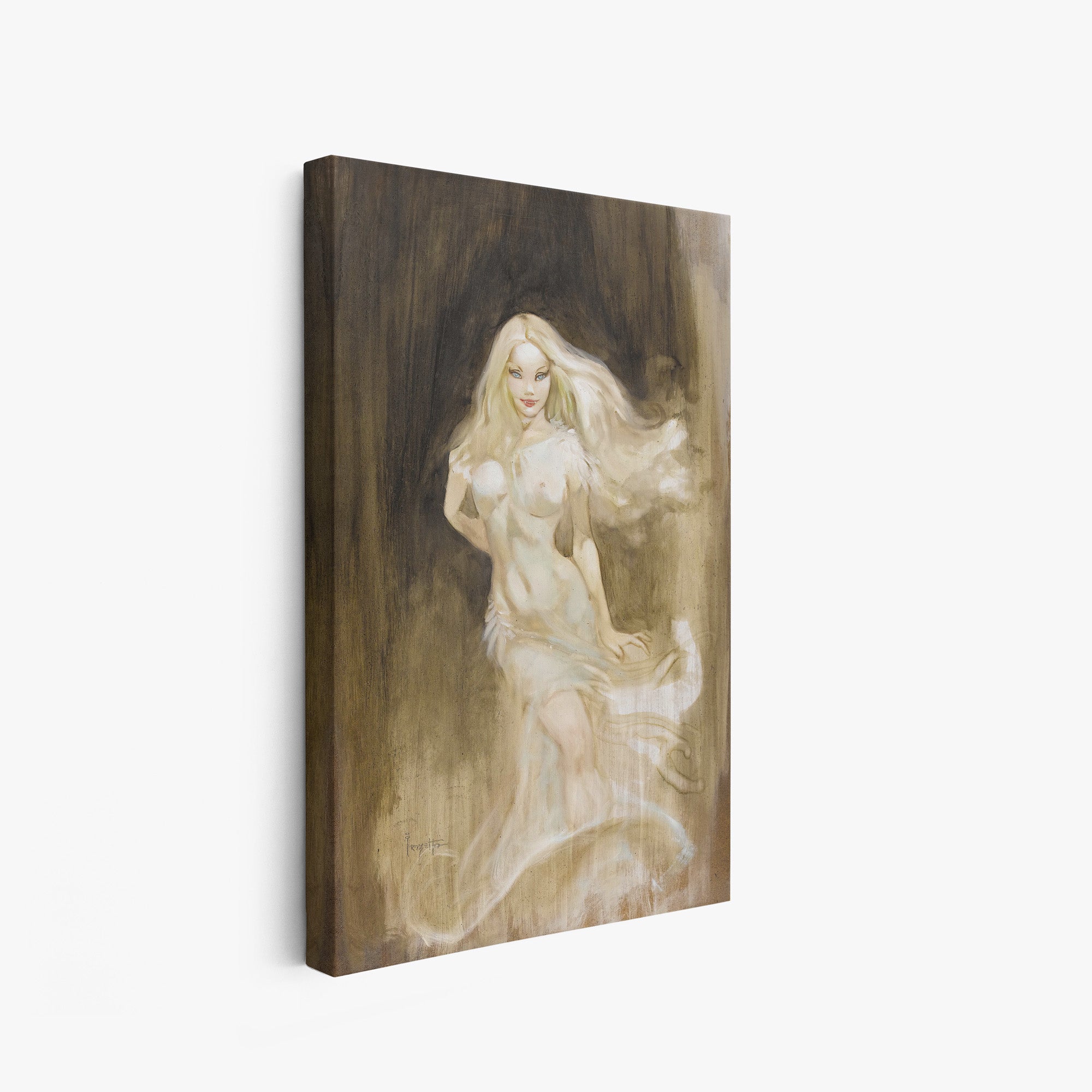 A canvas print of Frazetta’s Bride of Dracula hung on a white wall, showcasing the artwork with mirror-wrapped edges for a seamless, dimensional look.