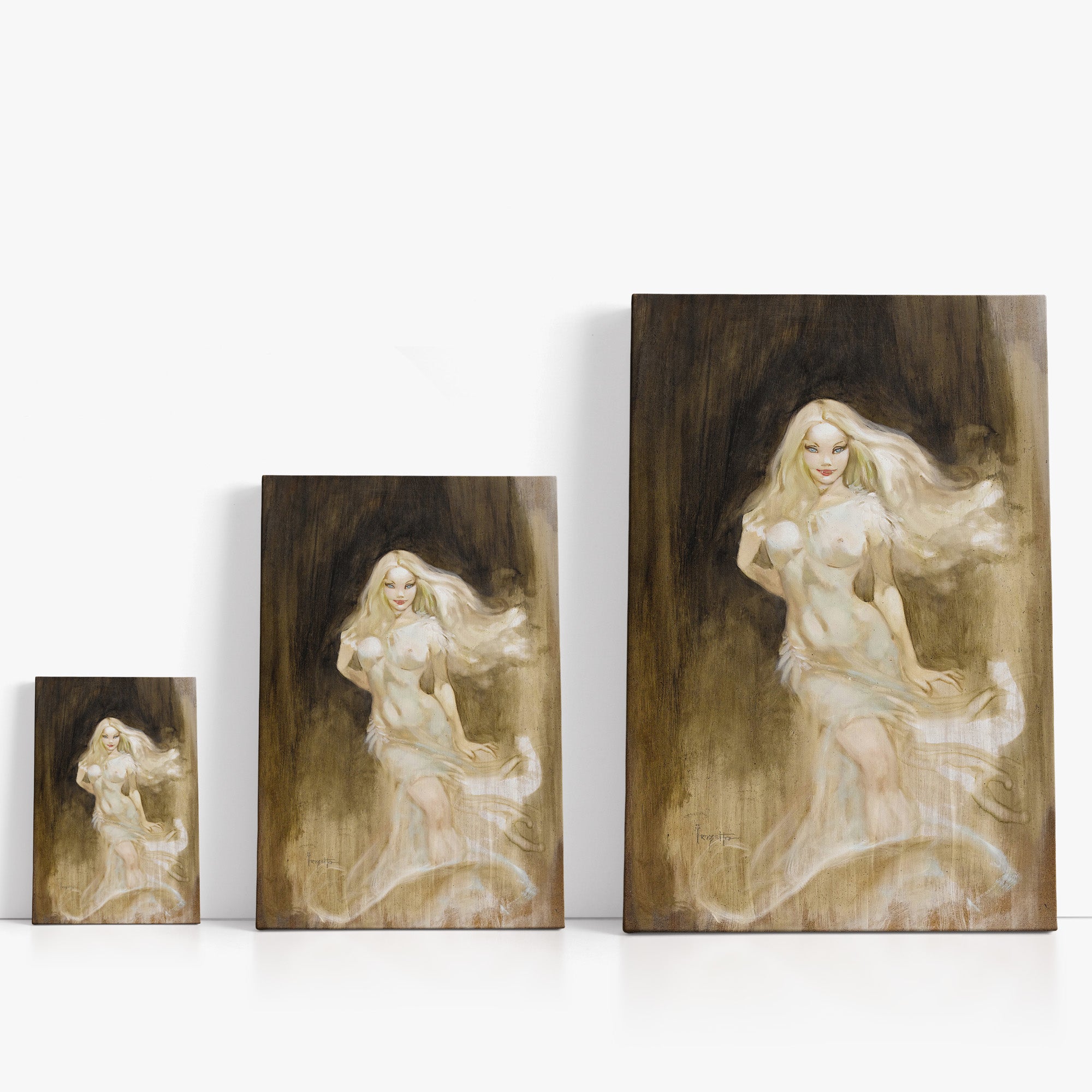 Three wrap-around canvas prints of Frazetta’s Atlantis in different sizes, showcasing the artwork with mirror-wrapped edges for a seamless, dimensional look.