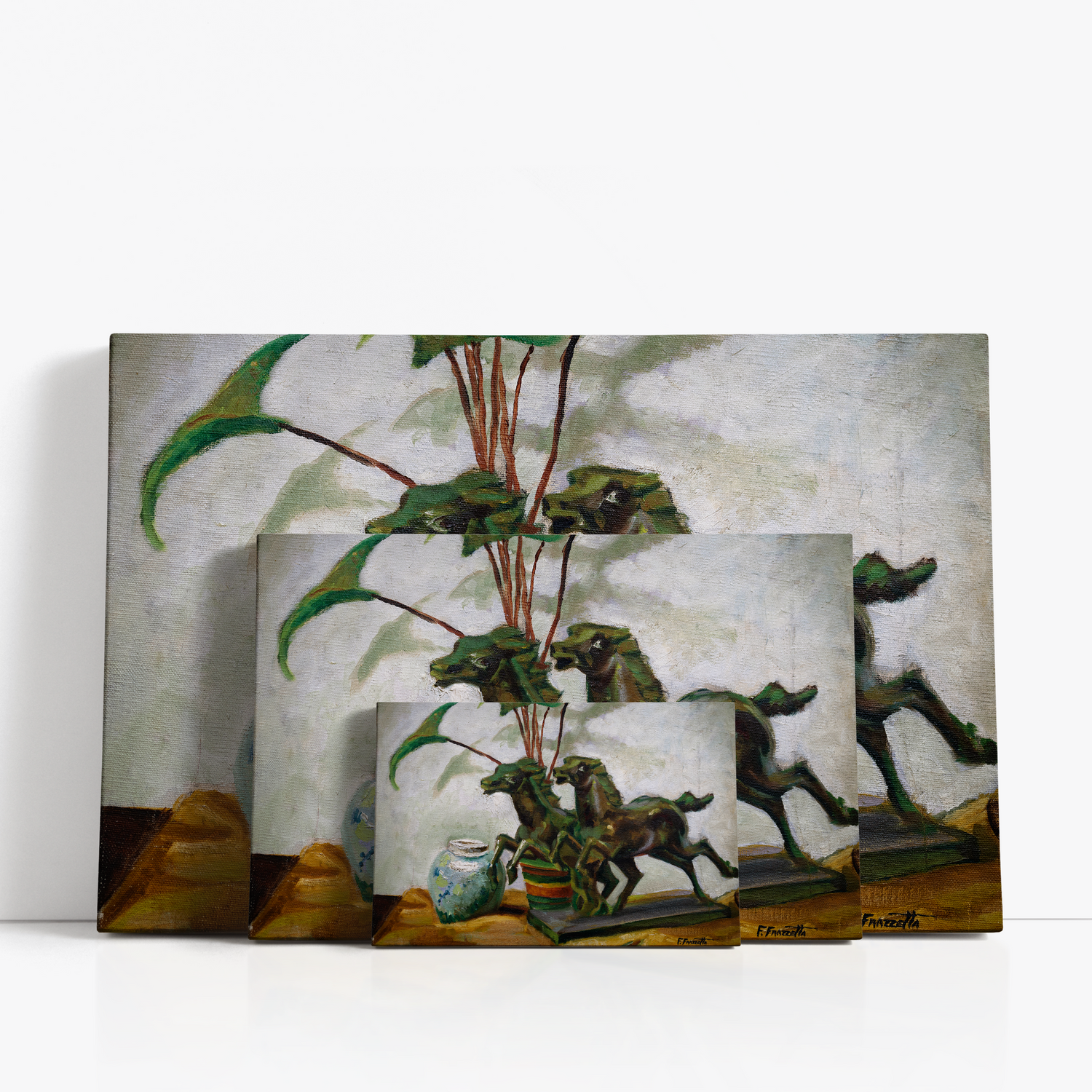 Three wrap-around canvas prints of Frazetta’s Bronze Horses in different sizes, showcasing the artwork with mirror-wrapped edges for a seamless, dimensional look.