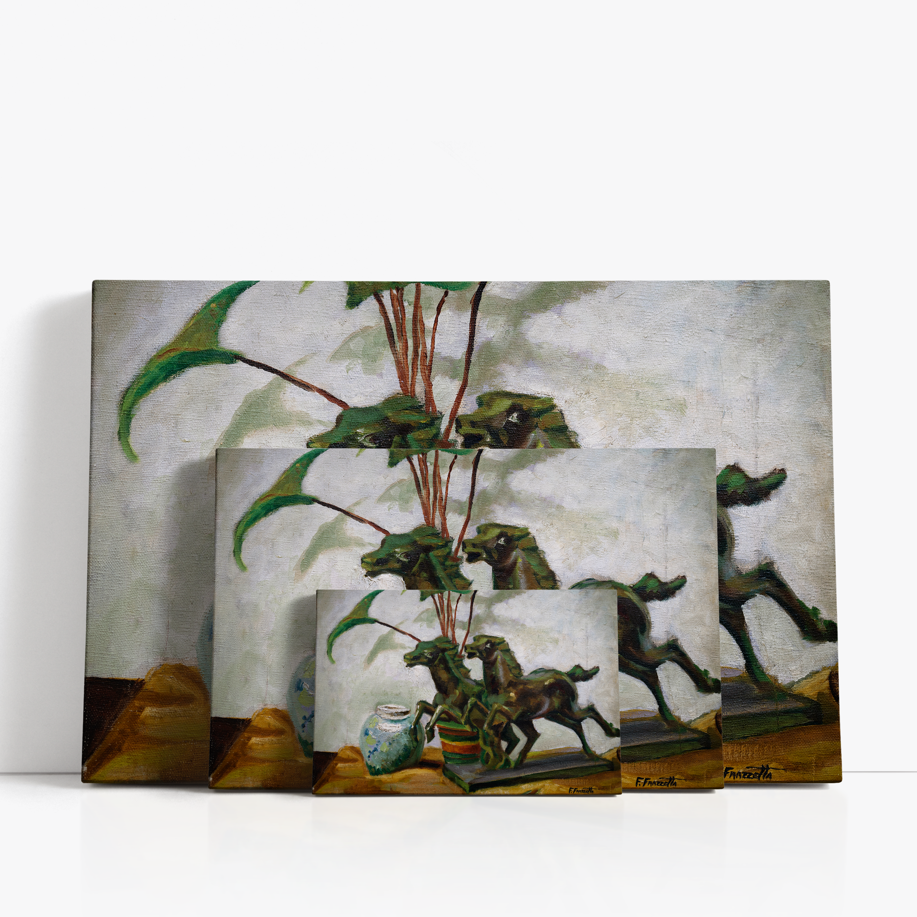 Three wrap-around canvas prints of Frazetta’s Bronze Horses in different sizes, showcasing the artwork with mirror-wrapped edges for a seamless, dimensional look.