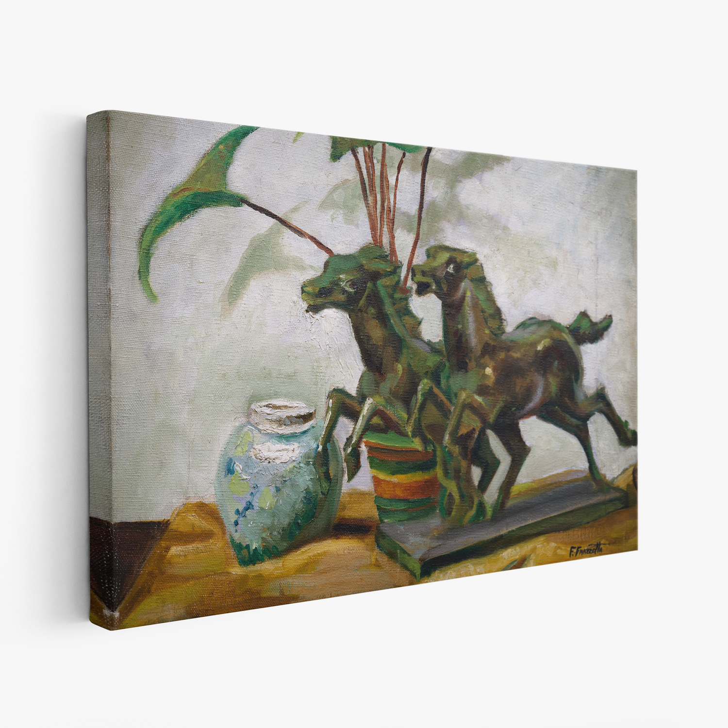 A canvas print of Frazetta’s Bronze Horses hung on a white wall, showcasing the artwork with mirror-wrapped edges for a seamless, dimensional look.
