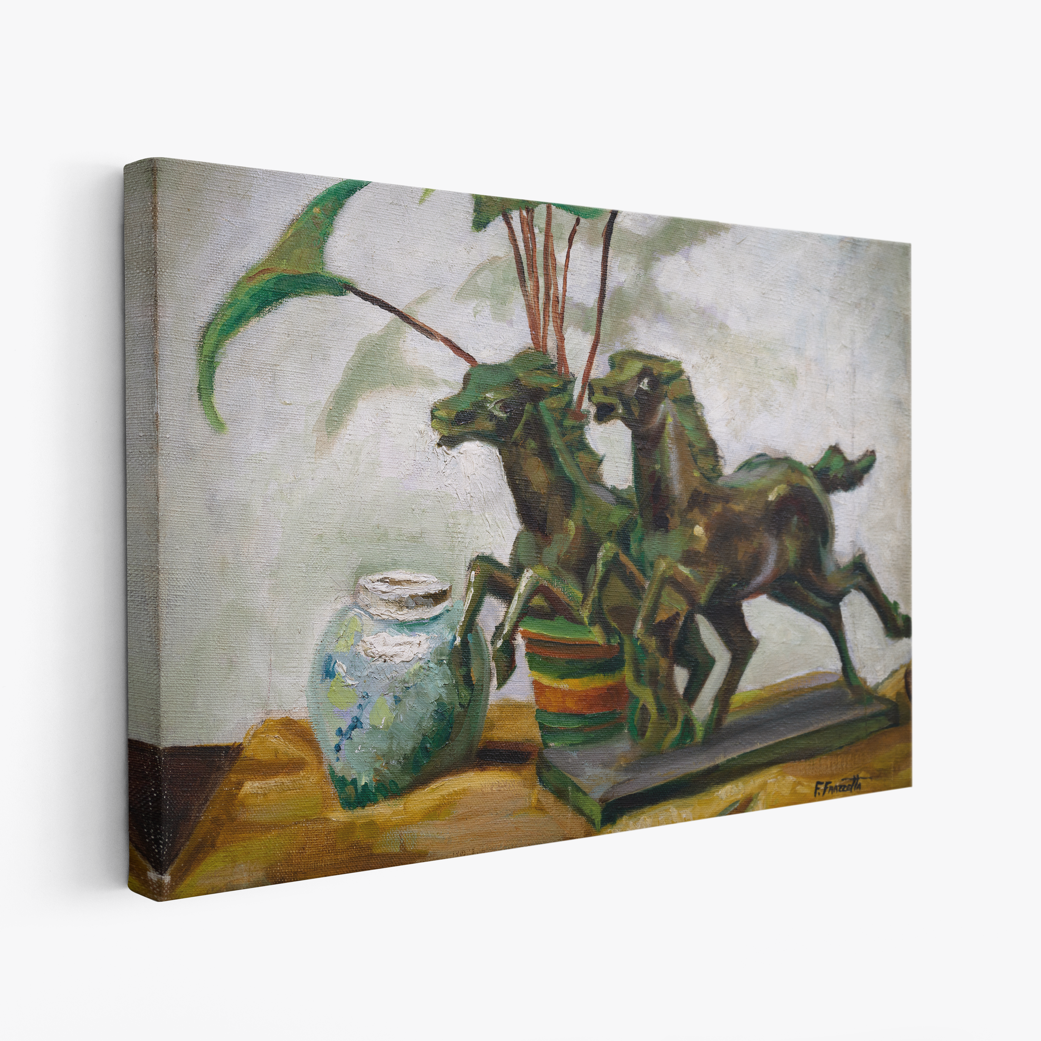 A canvas print of Frazetta’s Bronze Horses hung on a white wall, showcasing the artwork with mirror-wrapped edges for a seamless, dimensional look.