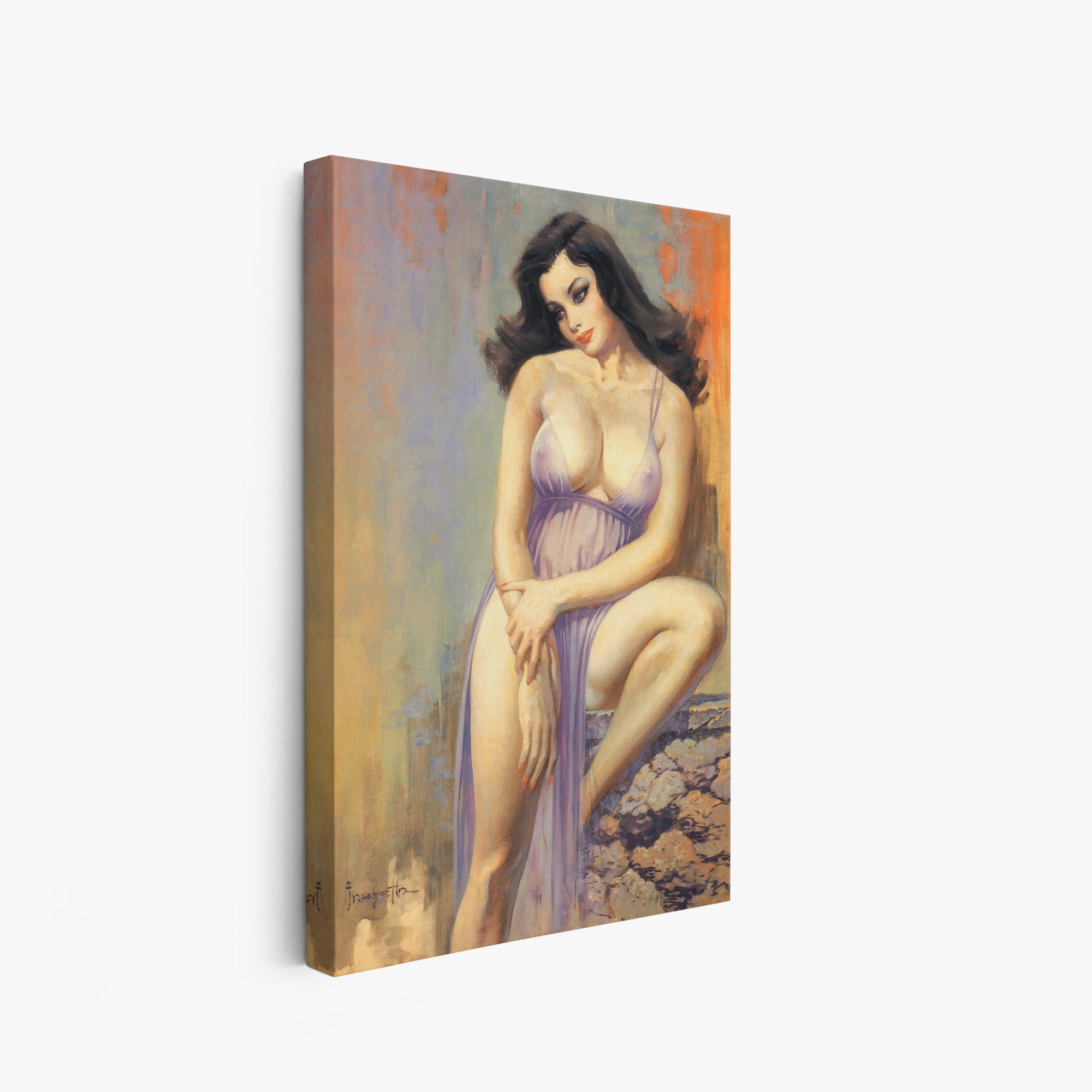 A canvas print of Frazetta’s Brooklyn Dreams hung on a white wall, showcasing the artwork with mirror-wrapped edges for a seamless, dimensional look.