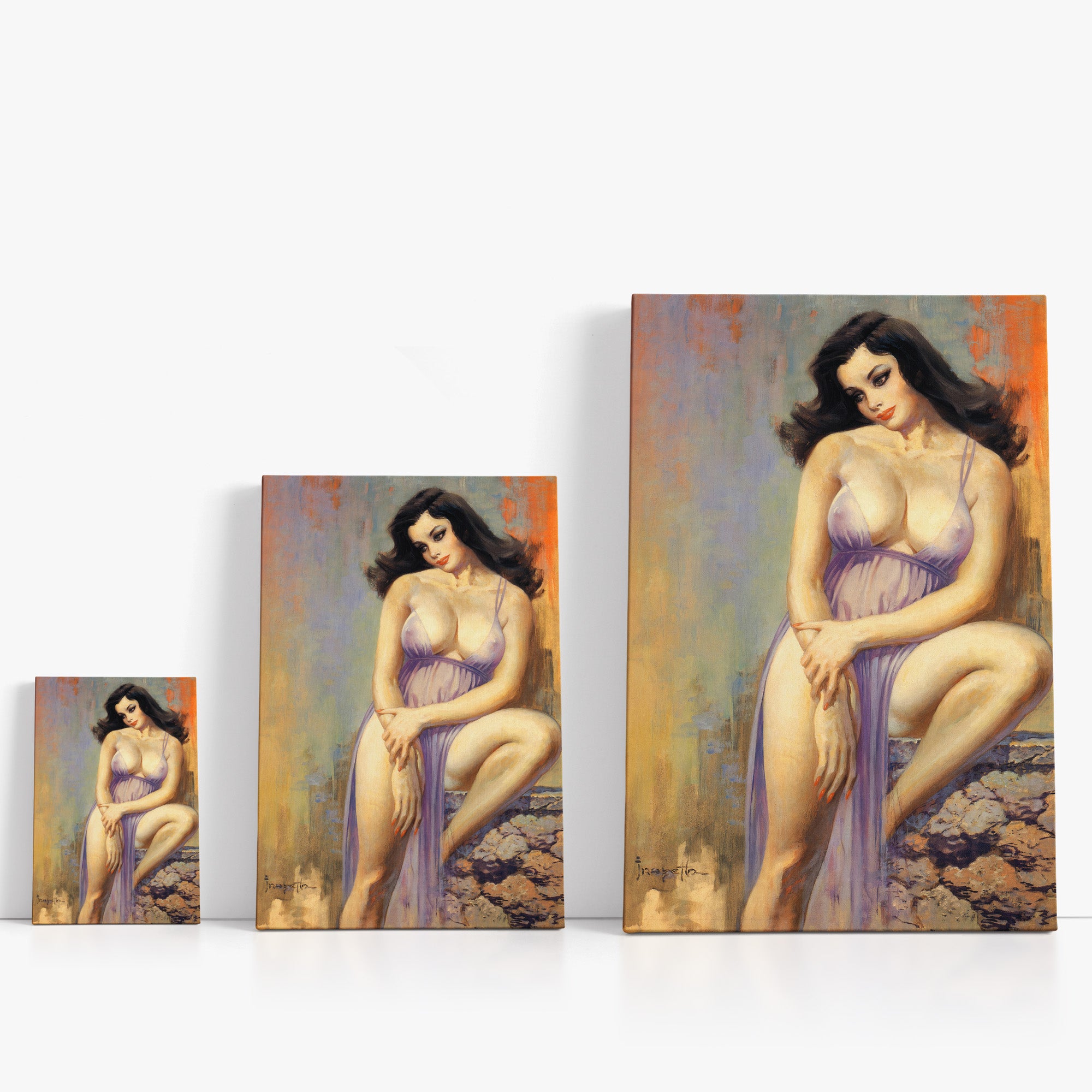 Three wrap-around canvas prints of Frazetta’s Brooklyn Dreams in different sizes, showcasing the artwork with mirror-wrapped edges for a seamless, dimensional look.