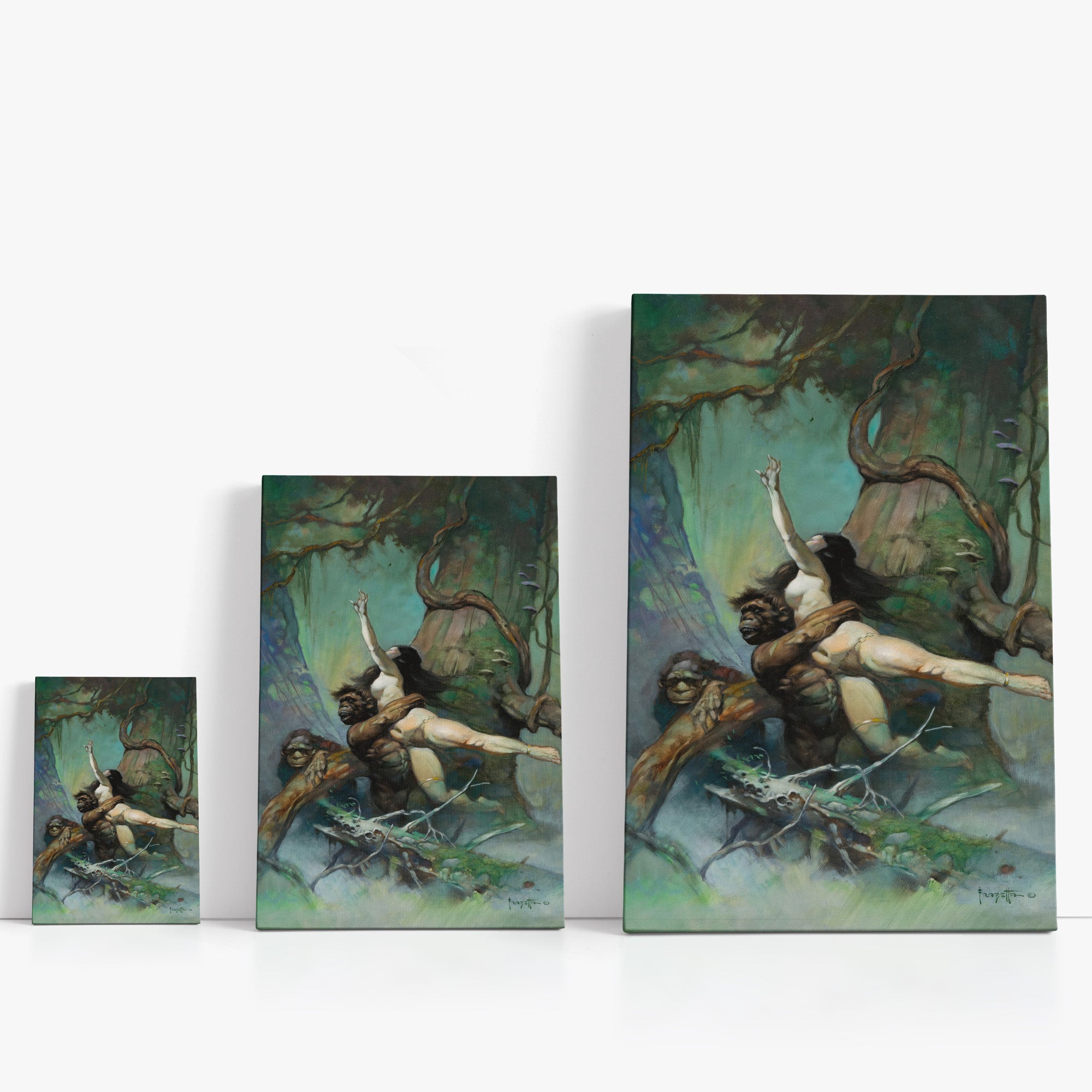 A canvas print of Frazetta’s Captive Princess hung on a white wall, showcasing the artwork with mirror-wrapped edges for a seamless, dimensional look.