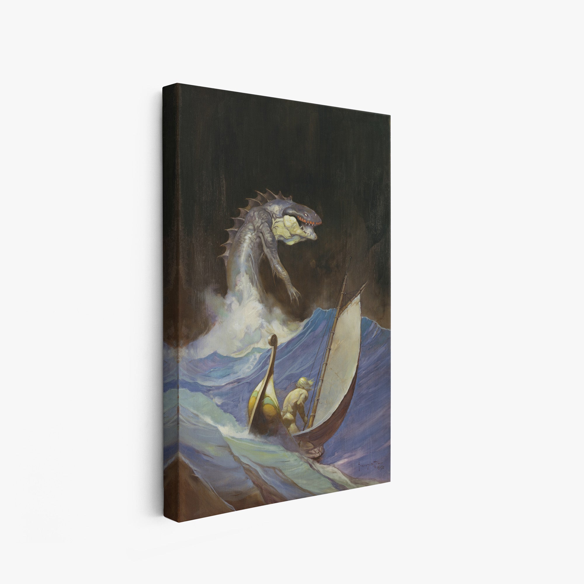 A canvas print of Frazetta’s Carson of Venus hung on a white wall, showcasing the artwork with mirror-wrapped edges for a seamless, dimensional look.