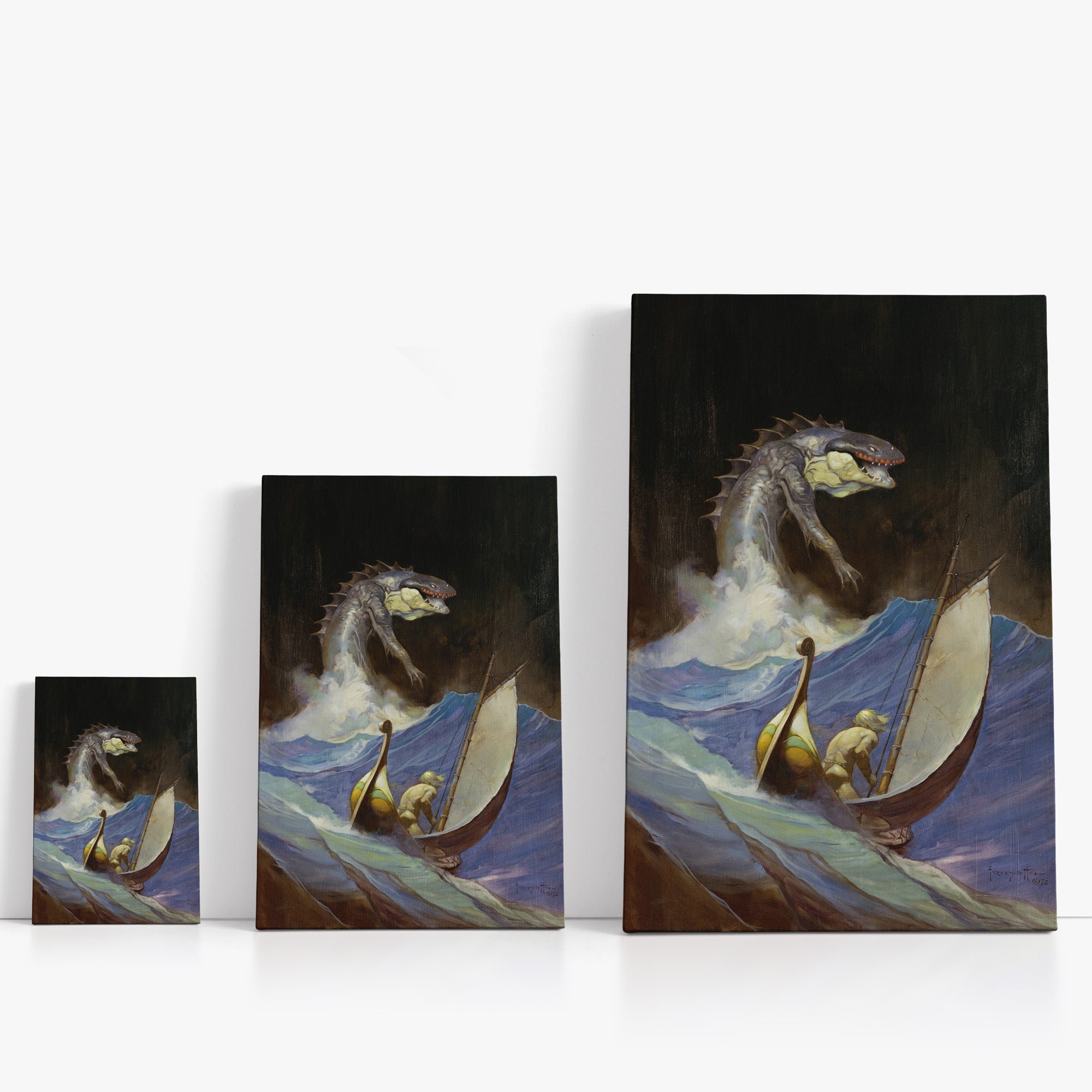 A canvas print of Frazetta’s Carson of Venus hung on a white wall, showcasing the artwork with mirror-wrapped edges for a seamless, dimensional look.