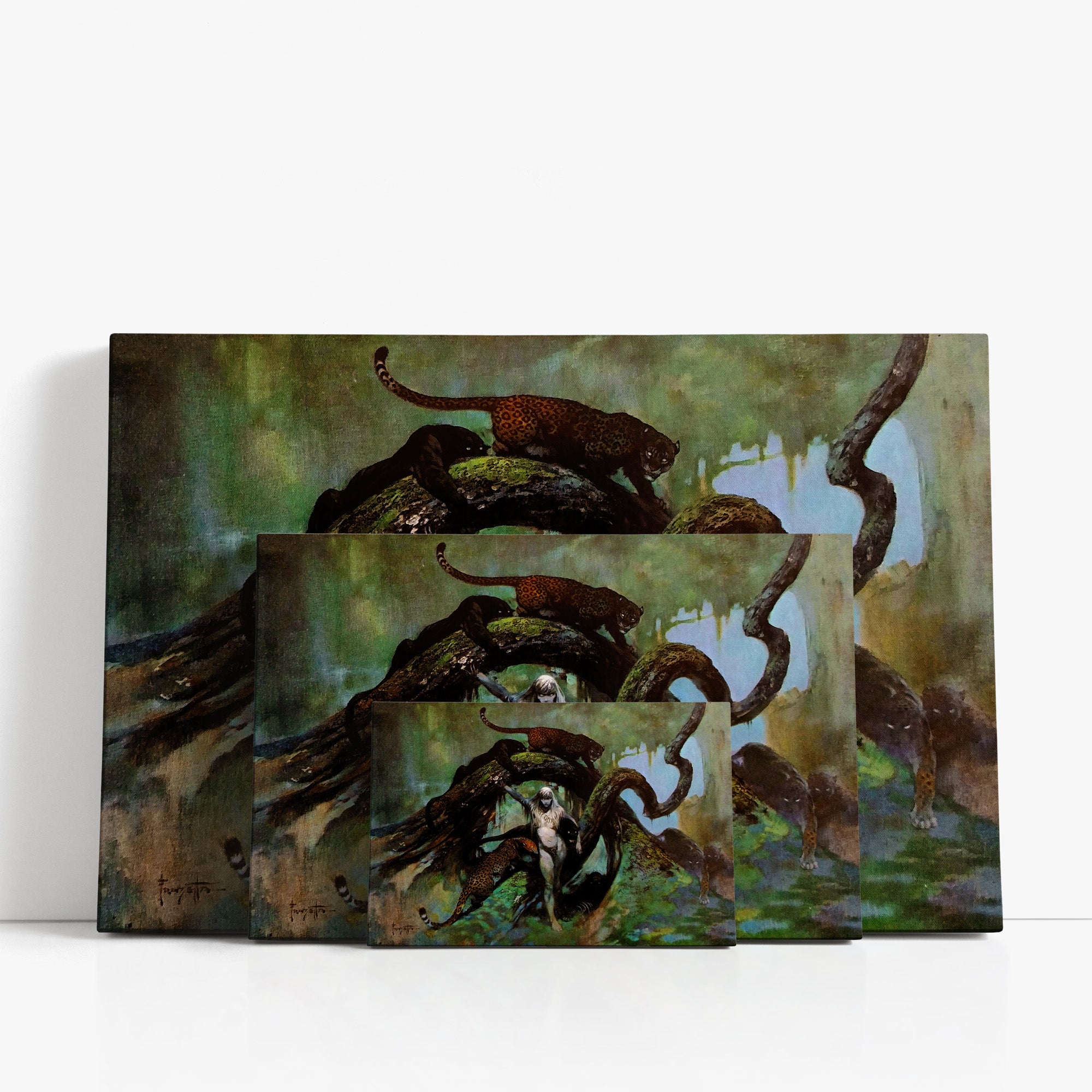 Three wrap-around canvas prints of Frazetta’s Cat Girl in different sizes, showcasing the artwork with mirror-wrapped edges for a seamless, dimensional look.